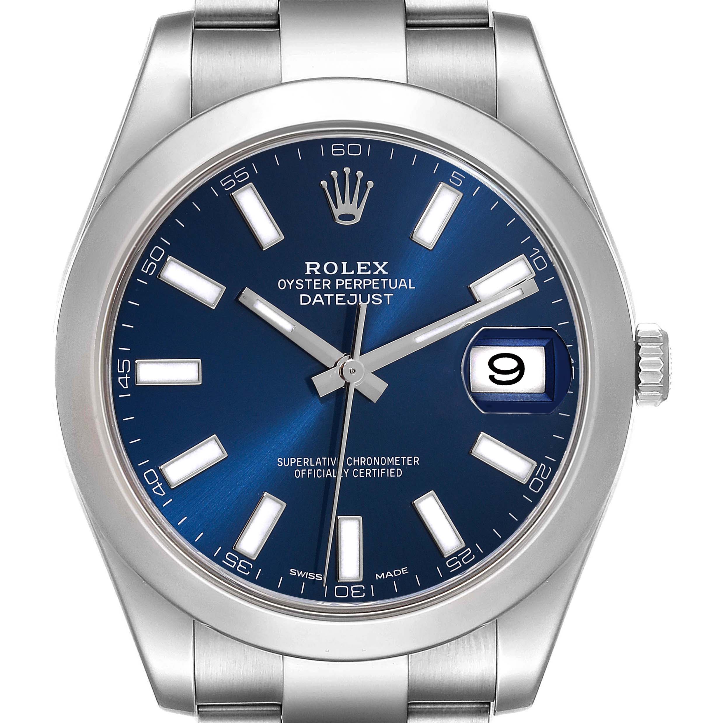 This image shows a front view of a Rolex Datejust 41 116300 Men's Stainless Steel Blue Dial 116300 Men's Stainless Steel Blue Dial watch, highlighting its blue dial, silver hour markers, and date window.