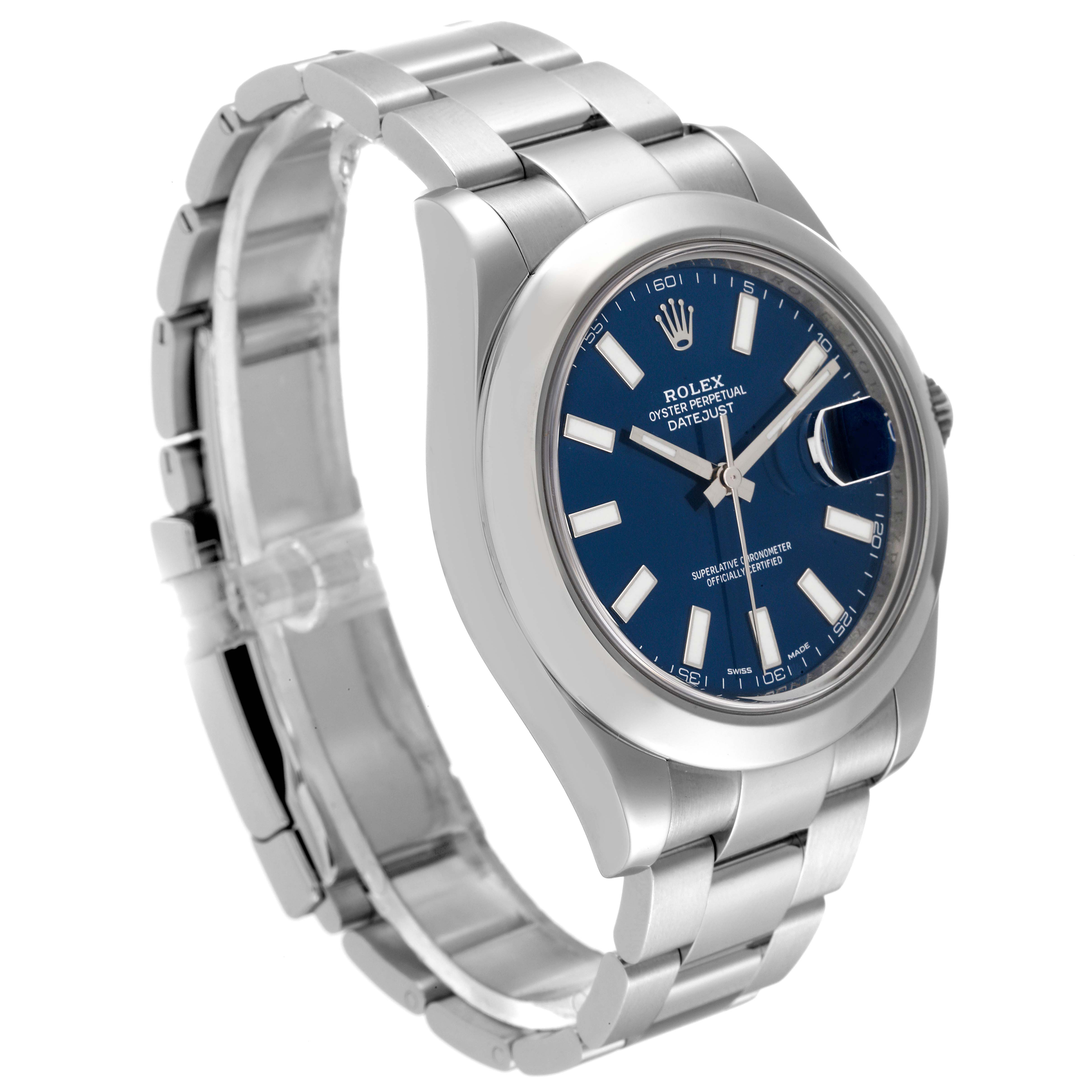 The Rolex Datejust 41 116300 Men's Stainless Steel Blue Dial 116300 Men's Stainless Steel Blue Dial watch is shown at a slight angle highlighting its bracelet, bezel, and blue dial.