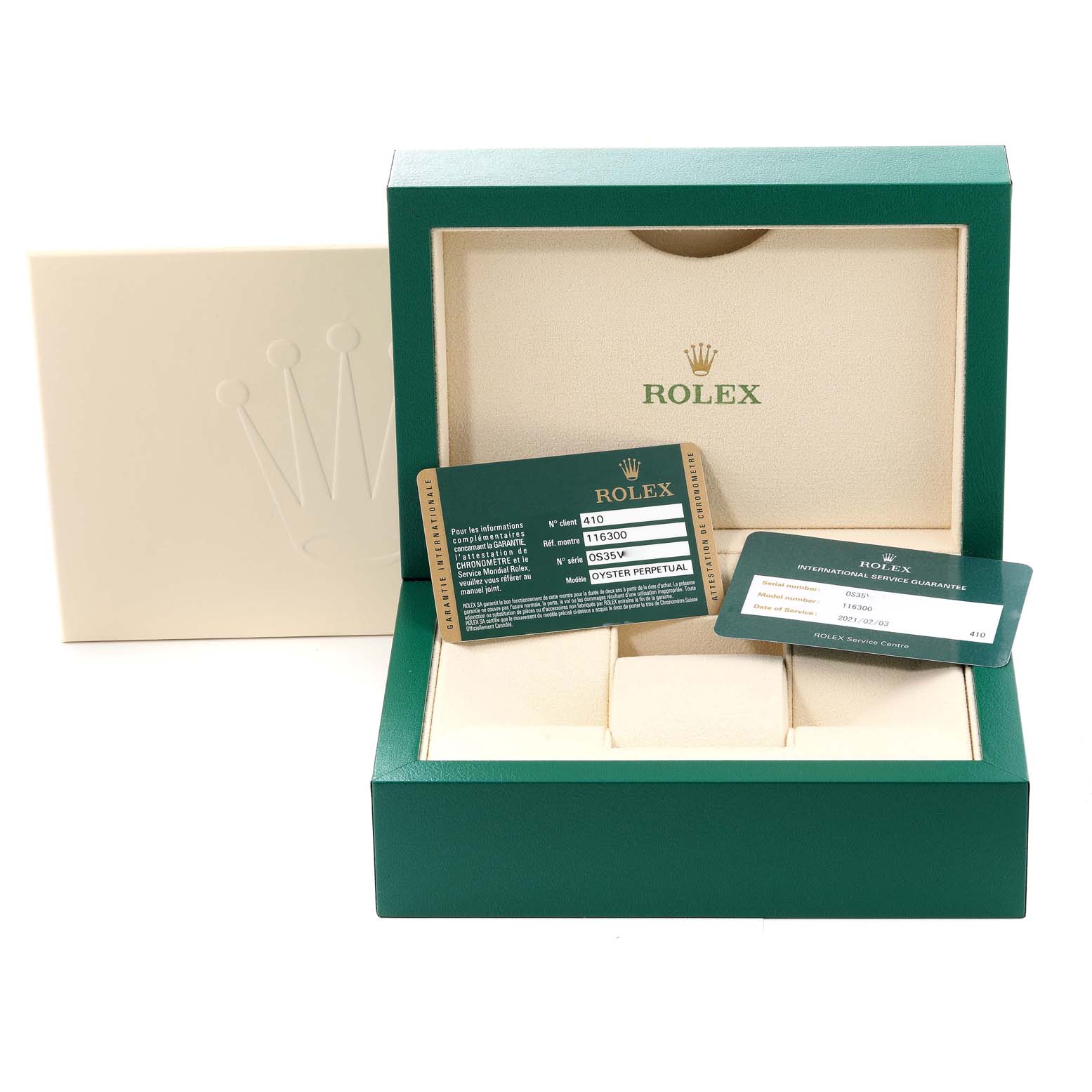 The image shows the packaging and warranty cards for a Rolex Datejust 41 116300 Men's Stainless Steel Blue Dial 116300 Men's Stainless Steel Blue Dial watch.
