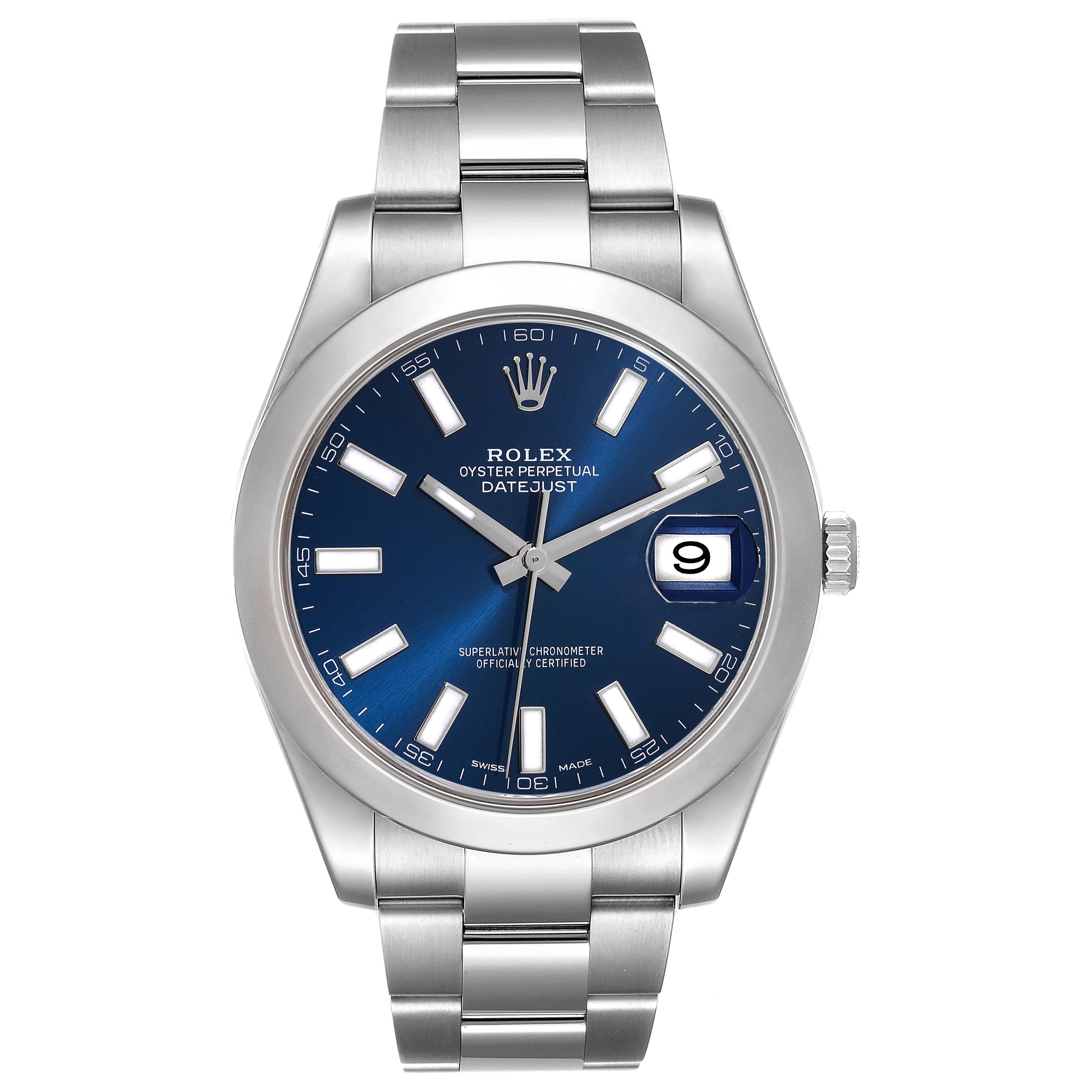 The image shows a front view of the Rolex Datejust 41 116300 Men's Stainless Steel Blue Dial 116300 Men's Stainless Steel Blue Dial watch, highlighting its blue dial, date window, and stainless steel bracelet.