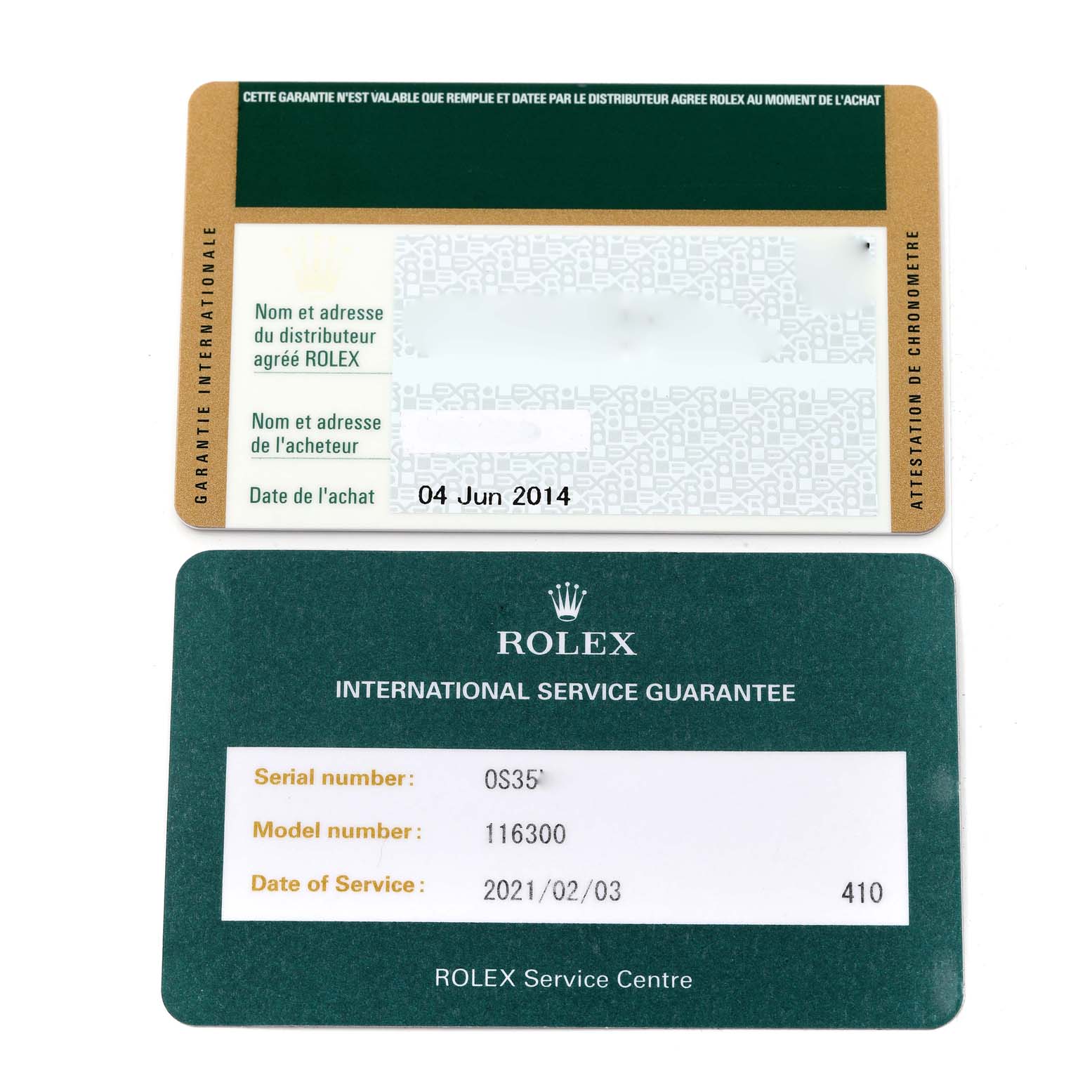This image shows a pair of guarantee and service cards for a Rolex Datejust 41 116300 Men's Stainless Steel Blue Dial 116300 Men's Stainless Steel Blue Dial model watch.