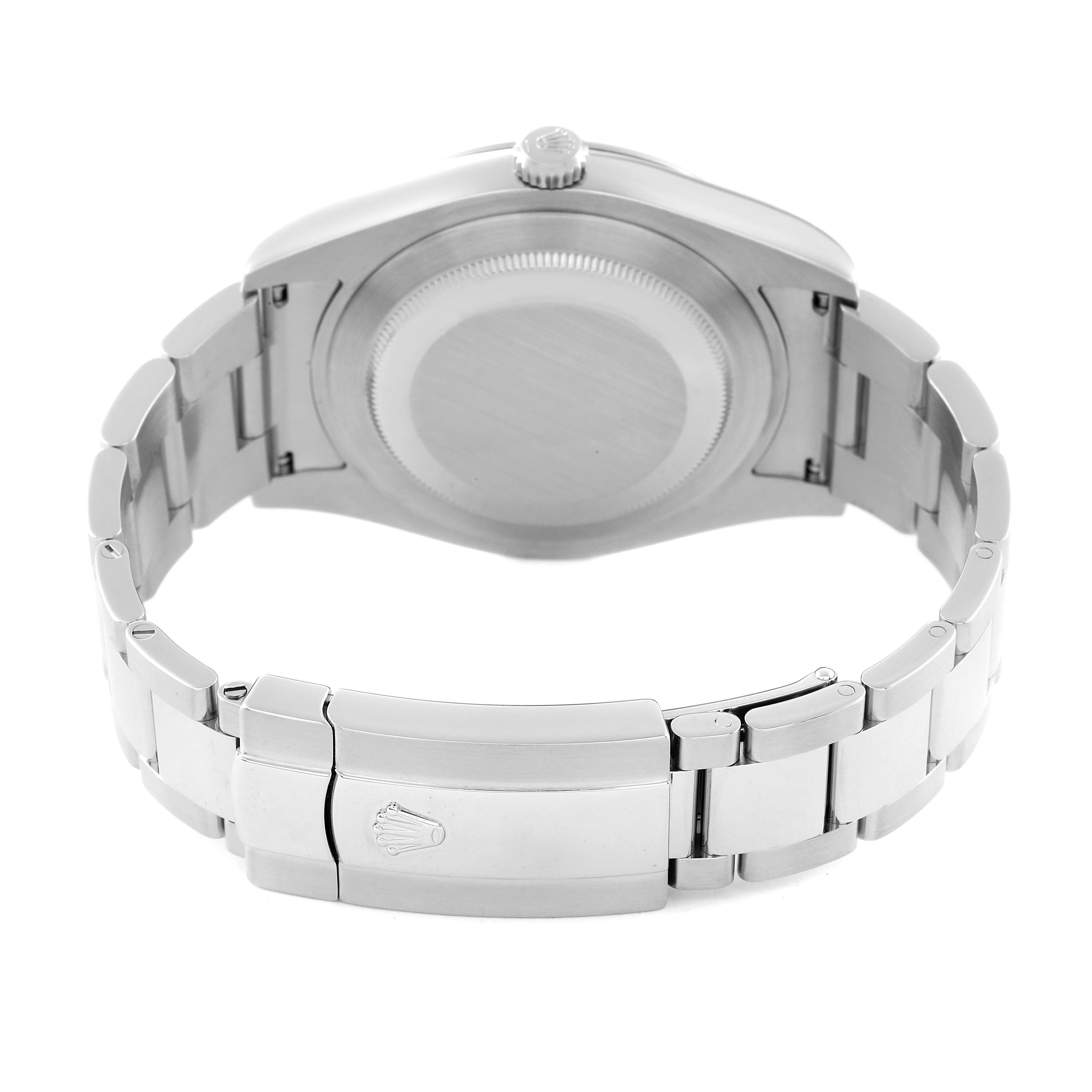 The image shows the back view of a Rolex Datejust 41 116300 Men's Stainless Steel Blue Dial 116300 Men's Stainless Steel Blue Dial watch, highlighting its case back, crown, and bracelet clasp.