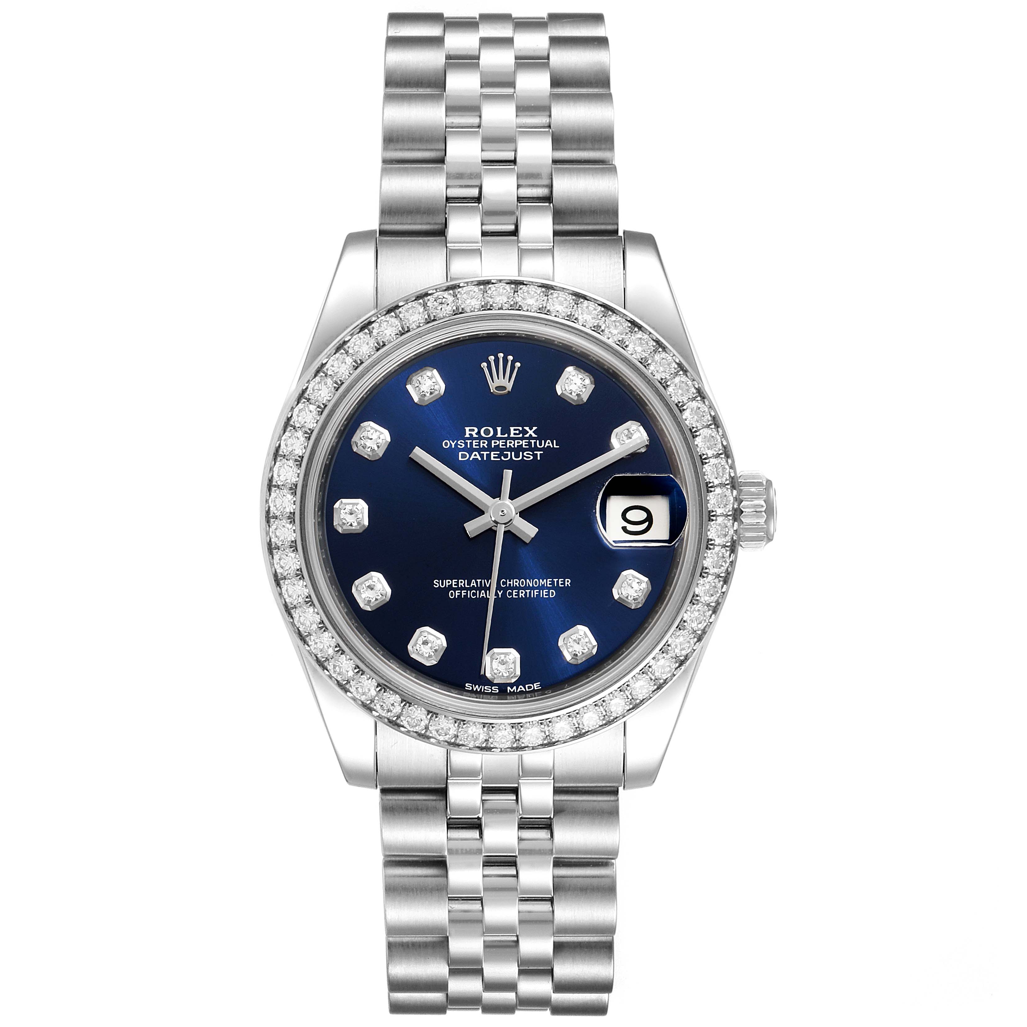 The image shows a frontal view of a Rolex Oyster Perpetual Datejust Mid-Size watch, featuring a blue dial and a Jubilee bracelet.
