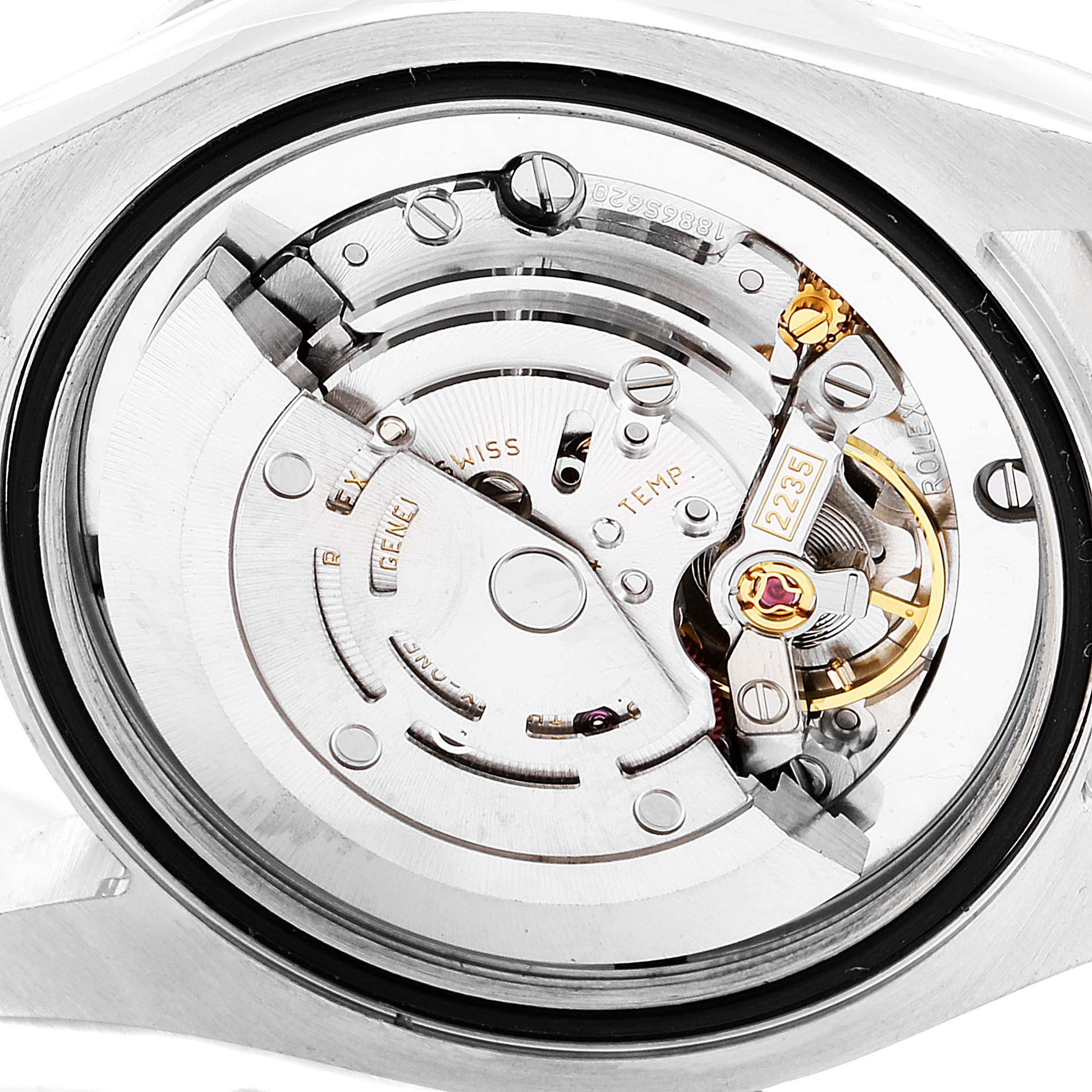 The image shows the internal mechanical movement of a Rolex Mid-Size 178384 Women
s Stainless Steel Blue Dial 178384 Women
s Stainless Steel Blue Dial watch from a rear angle.