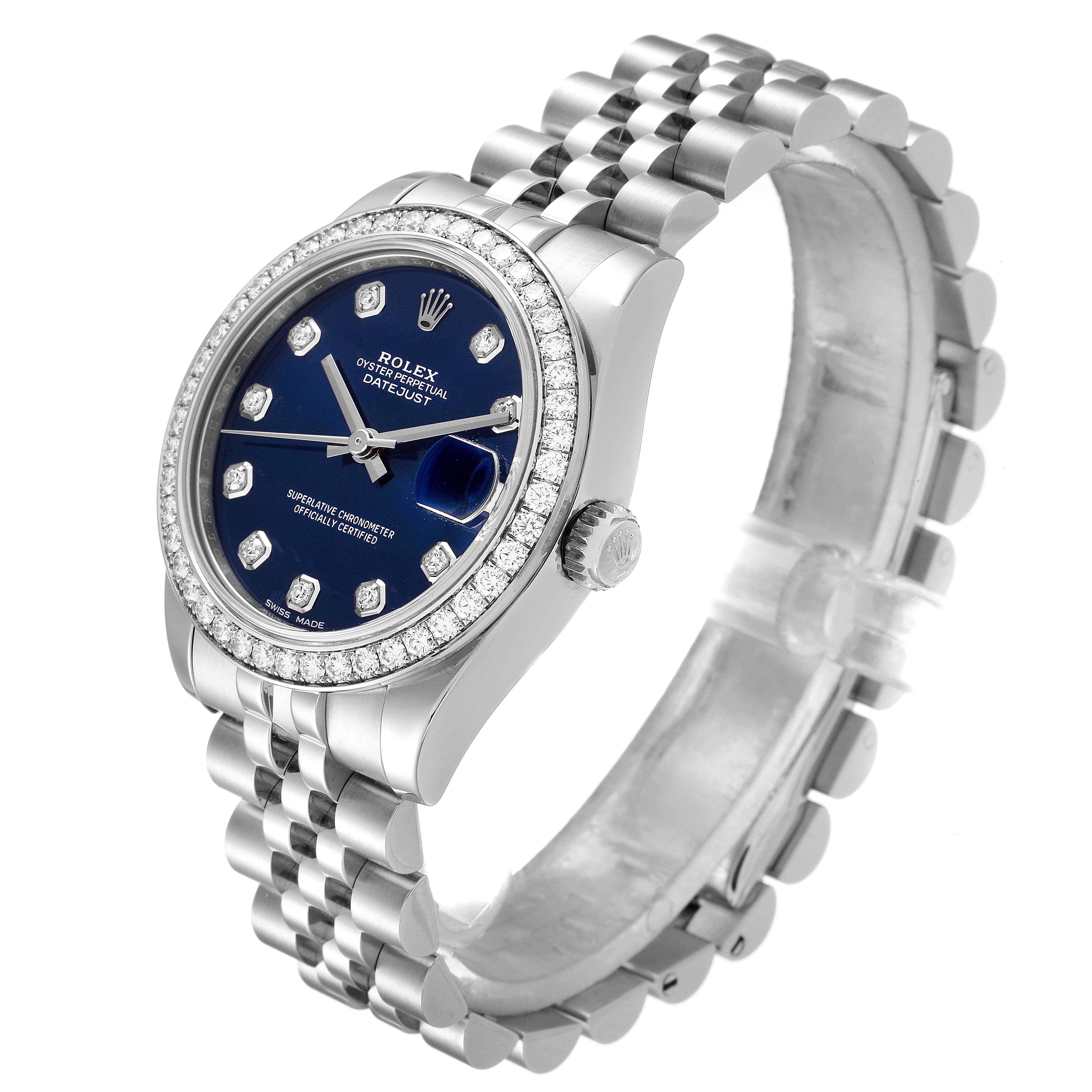 The image shows a Rolex Datejust Mid-Size model watch at a three-quarter angle, highlighting the face, bezel, crown, and bracelet.