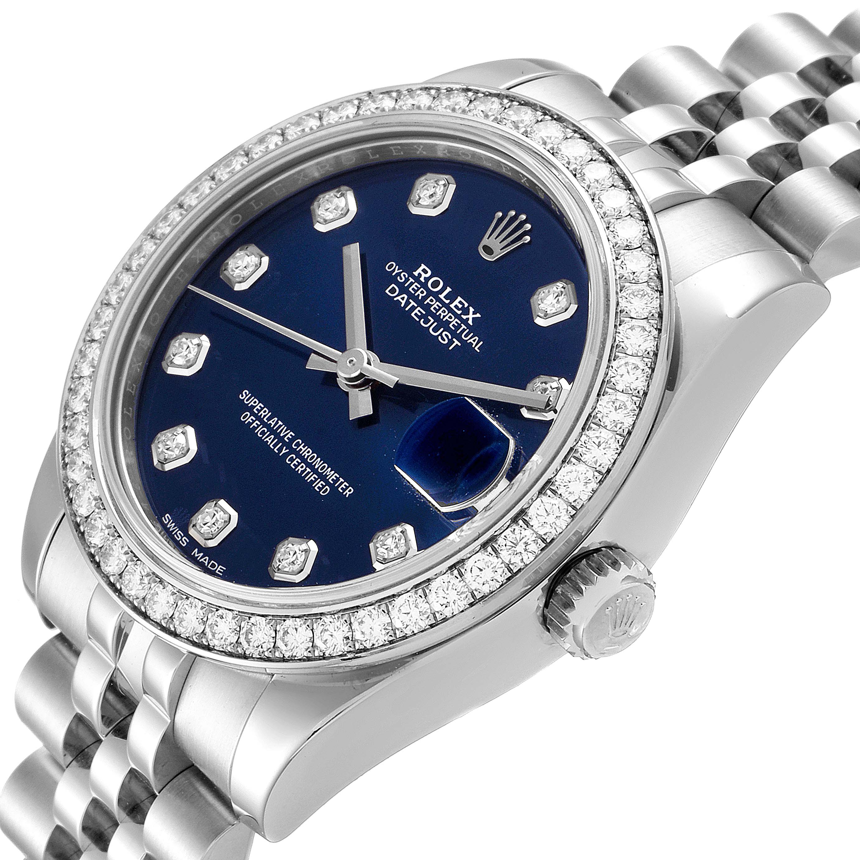 This image shows a Rolex Mid-Size 178384 Women
s Stainless Steel Blue Dial 178384 Women
s Stainless Steel Blue Dial Oyster Perpetual Datejust watch, viewed at an angled close-up, displaying its face, bezel, and part of its bracelet.