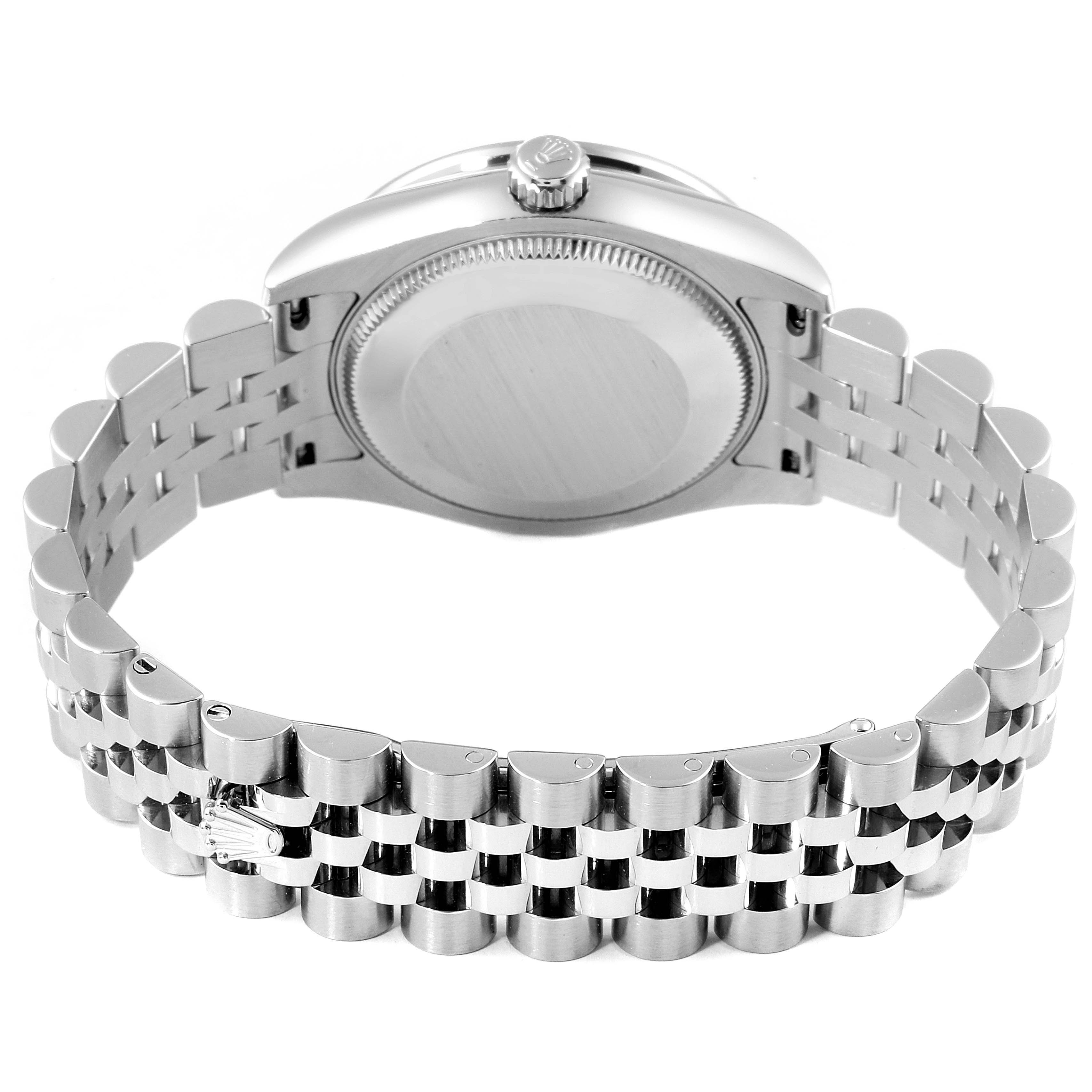 This image shows the back case and bracelet of a Rolex Mid-Size 178384 Women
s Stainless Steel Blue Dial 178384 Women
s Stainless Steel Blue Dial model watch, viewed from the rear angle.