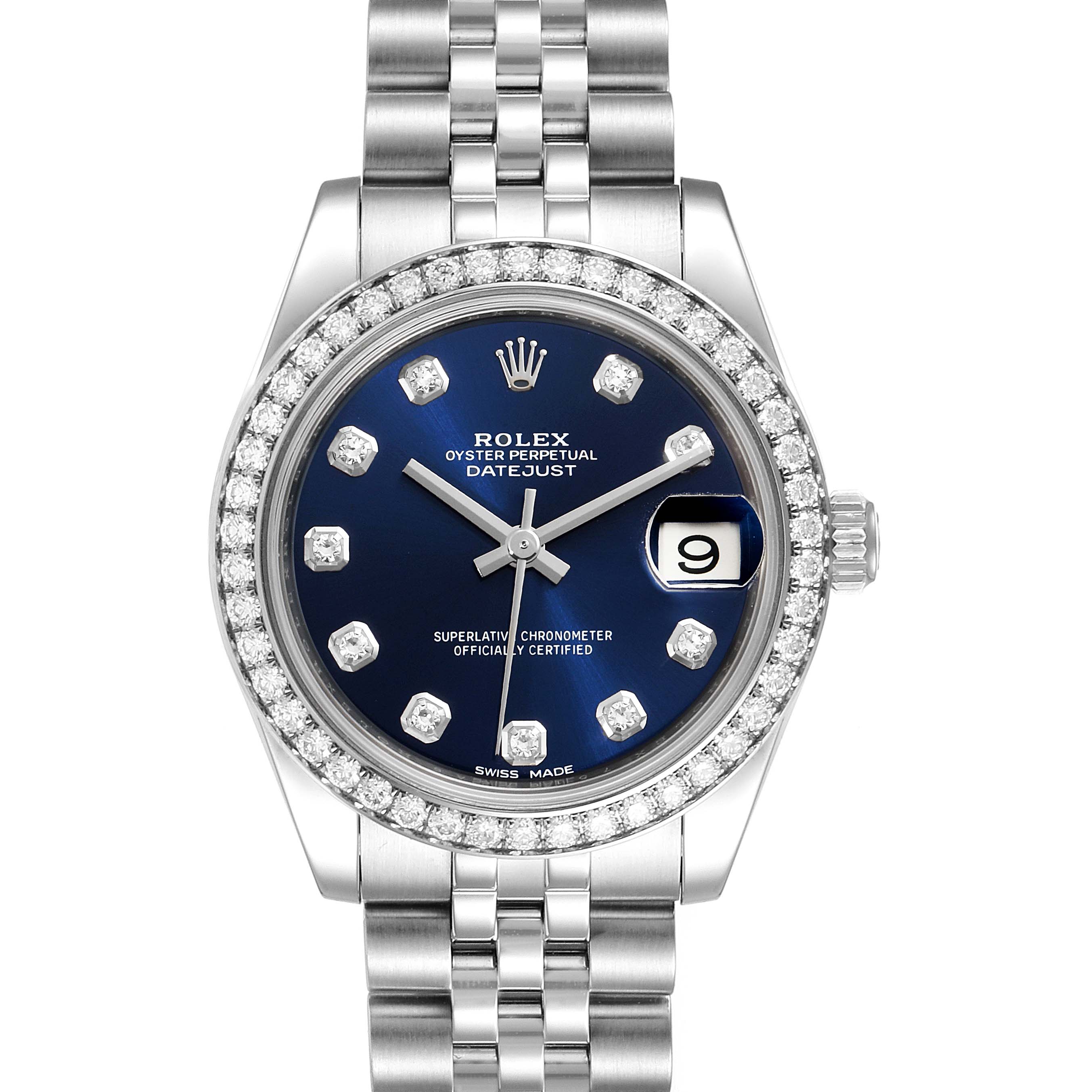 The image shows a front view of a Rolex Oyster Perpetual Datejust Mid-Size watch with a blue dial and diamond accents.