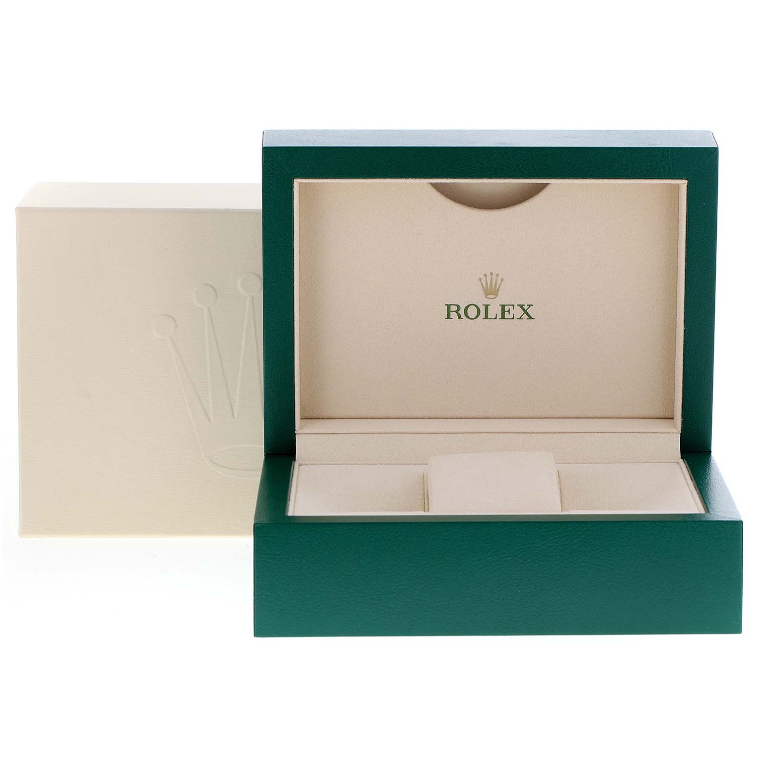 The image displays a green Rolex watch box for a Mid-Size model, shown open with the interior padding and branding visible.