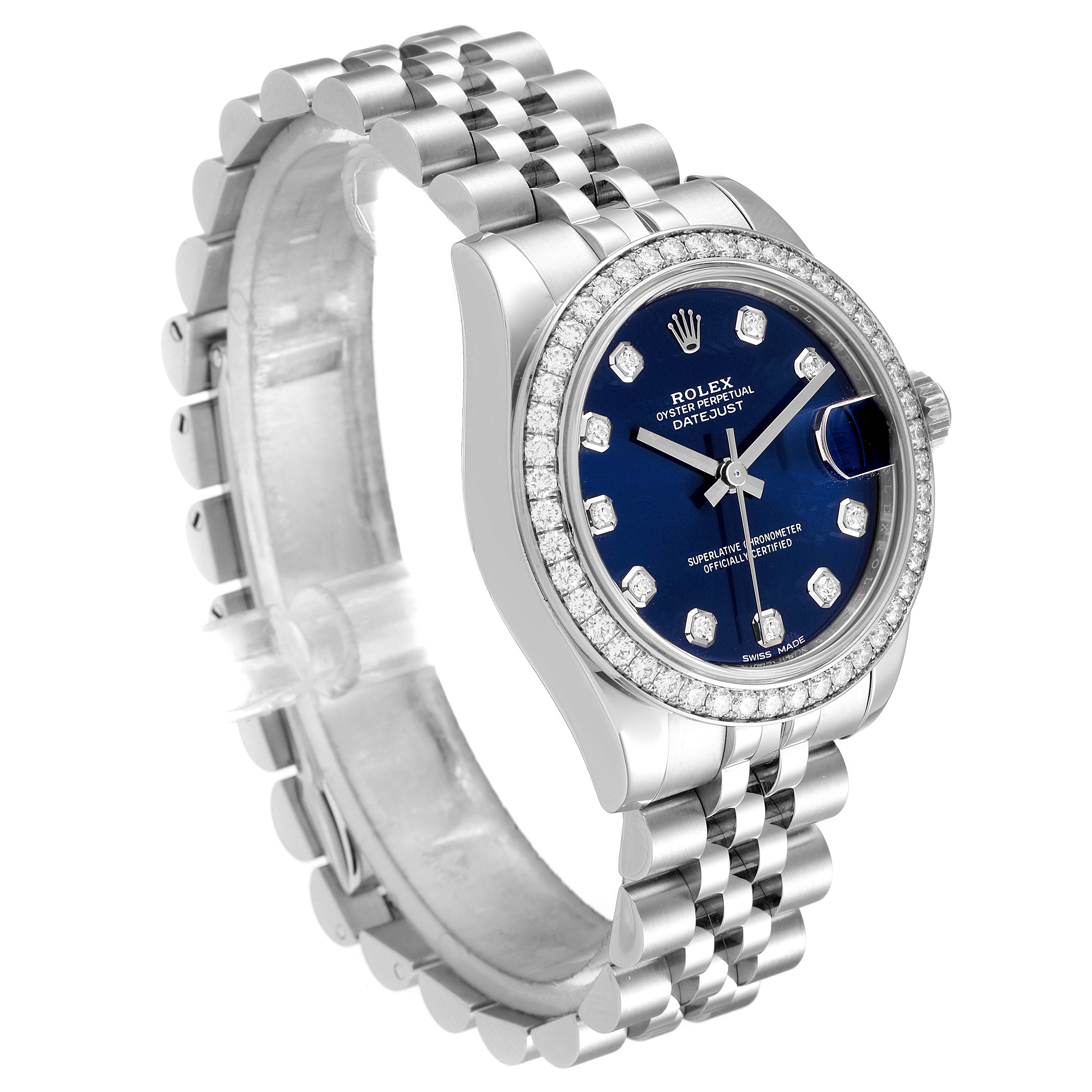 This image shows the Rolex Datejust Mid-Size model at a three-quarter angle, displaying the face, bezel, and bracelet.