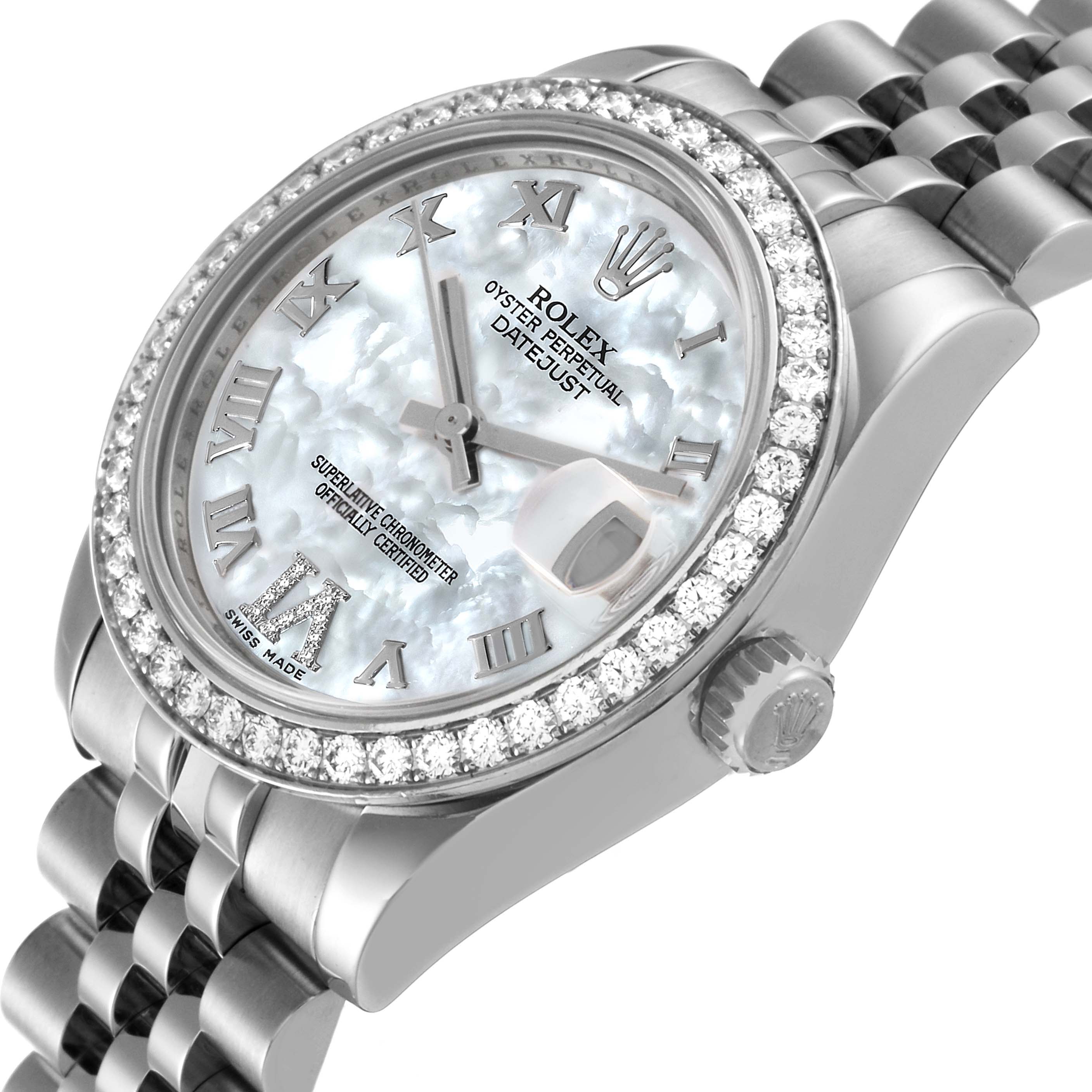 This image shows the face and part of the bracelet of a Rolex Mid-Size 178384 Women
s Stainless Steel Mother of Pearl Dial 178384 Women
s Stainless Steel Mother of Pearl Dial Oyster Perpetual Datejust watch at an angled view.