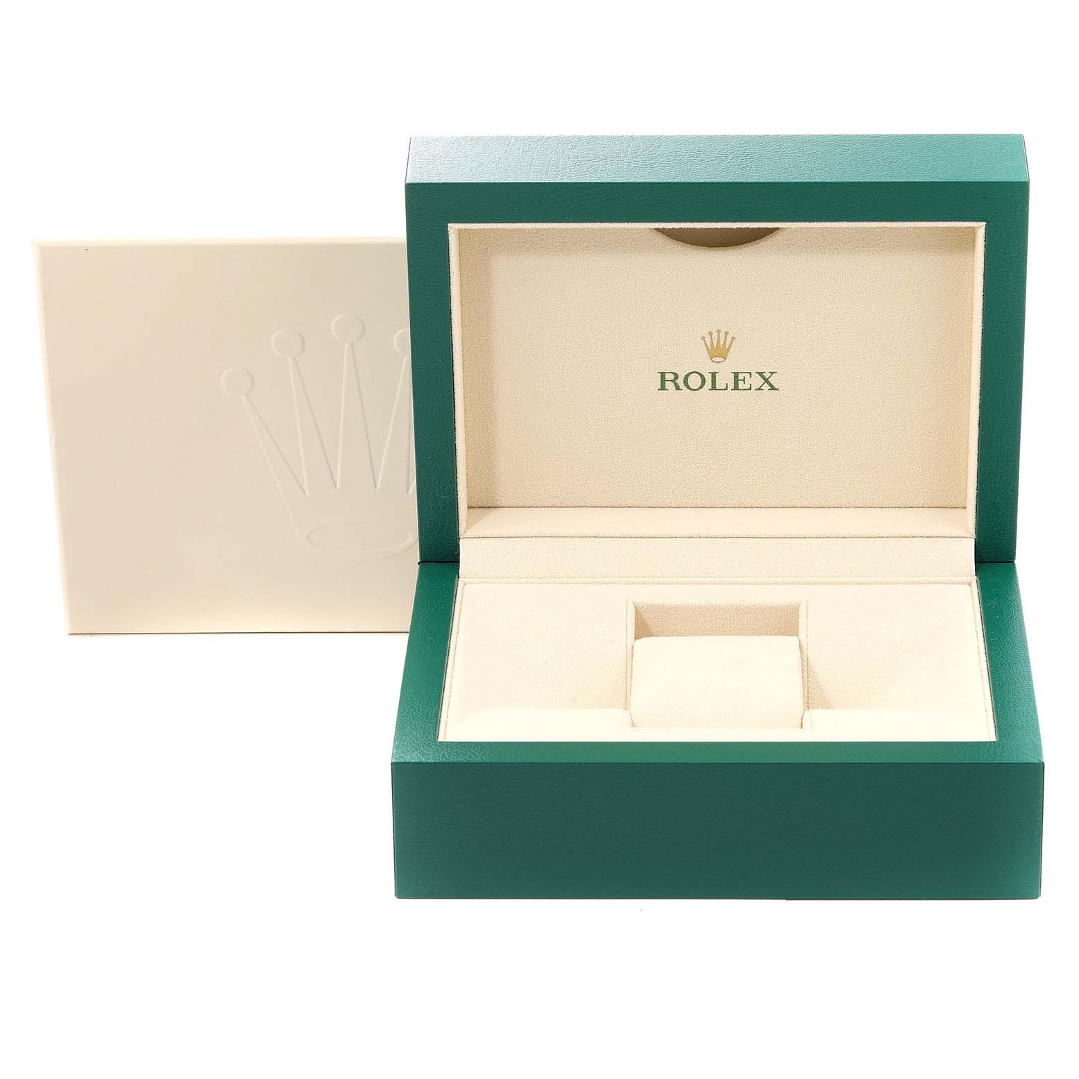 This image shows an open green and beige Rolex watch box for the Mid-Size model.