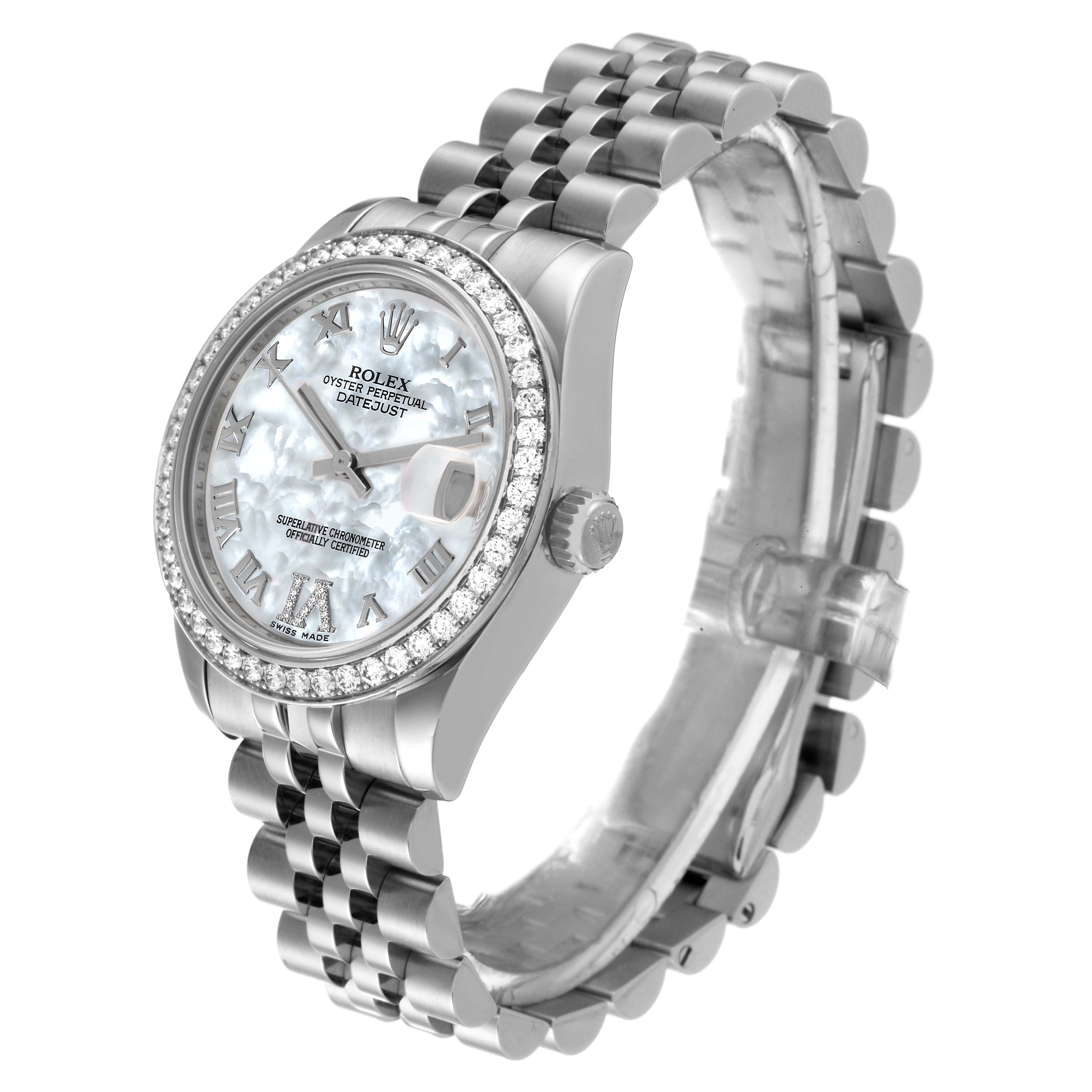 The image shows a side and front view of a Rolex Oyster Perpetual Datejust Mid-Size watch with its bracelet fully extended.