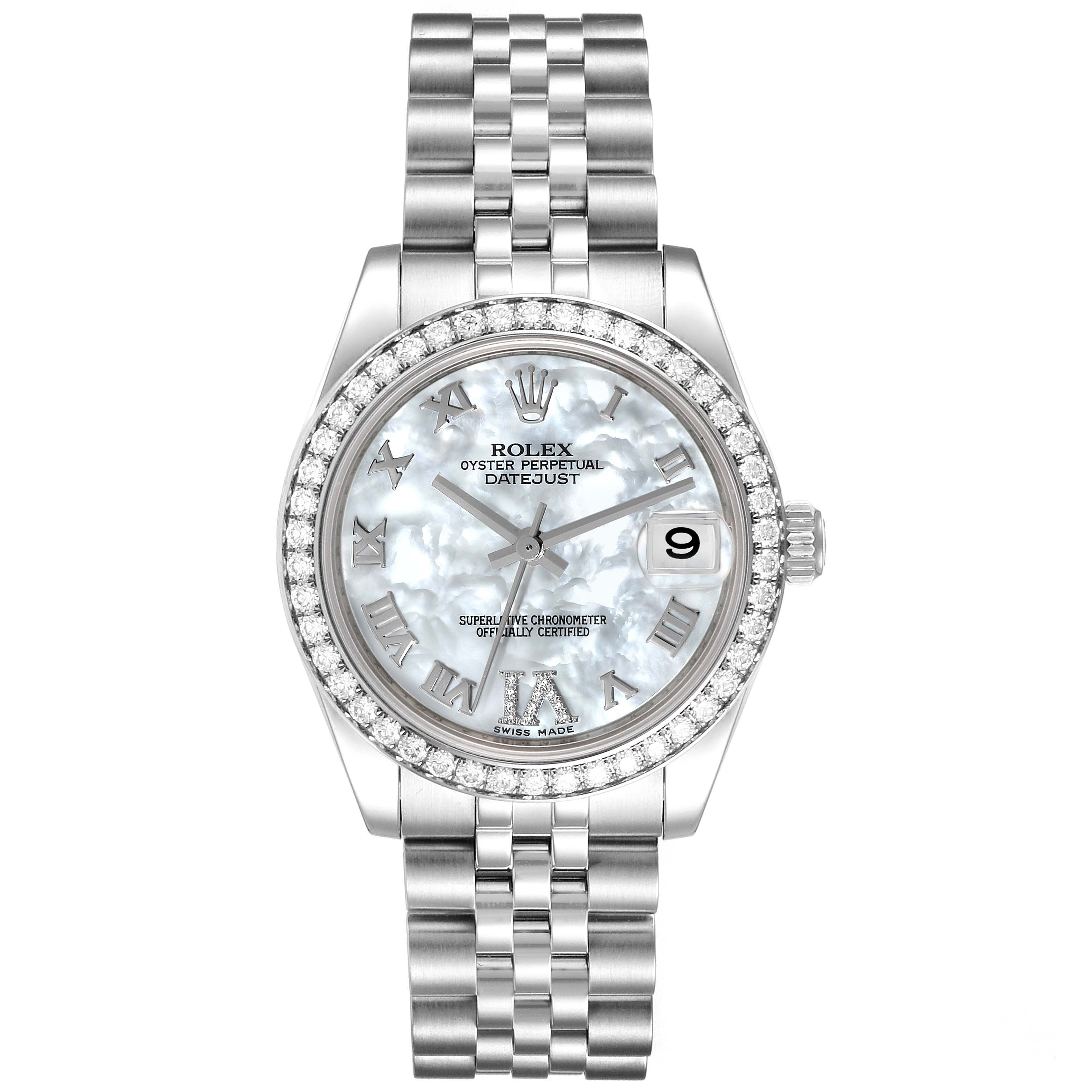 This image shows a front view of a Rolex Datejust Mid-Size watch featuring a silver bracelet and a mother-of-pearl dial with Roman numerals.