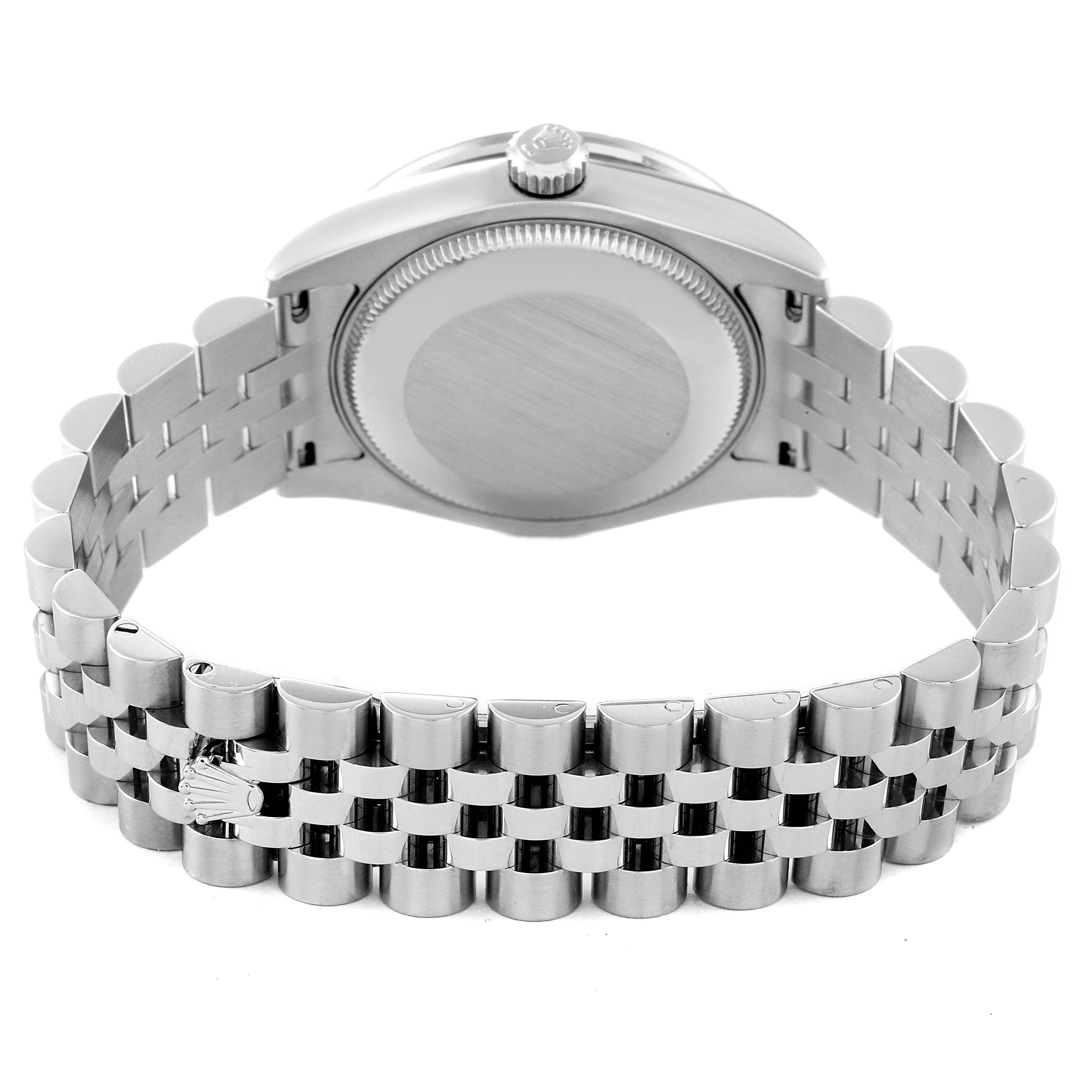 The image shows the back view of a Rolex Mid-Size 178384 Women
s Stainless Steel Mother of Pearl Dial 178384 Women
s Stainless Steel Mother of Pearl Dial model watch, displaying the case back and bracelet.