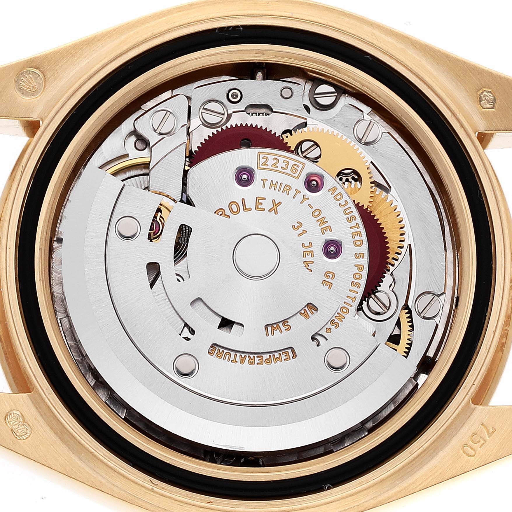 The image shows the movement and inner workings of a Rolex President 279138 Women's Yellow Gold Blue Dial 279138 Women's Yellow Gold Blue Dial model watch, viewed from the back.