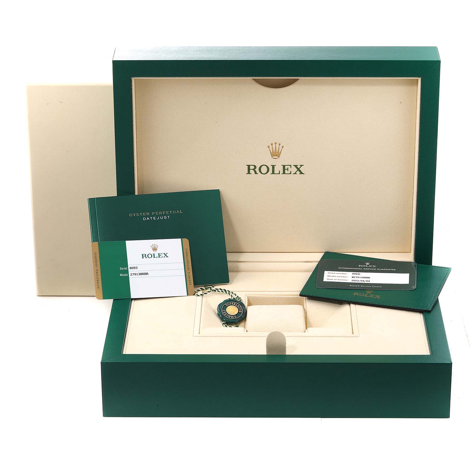 This image shows the packaging, certification papers, and tags of a Rolex President 279138 Women's Yellow Gold Blue Dial 279138 Women's Yellow Gold Blue Dial model watch.