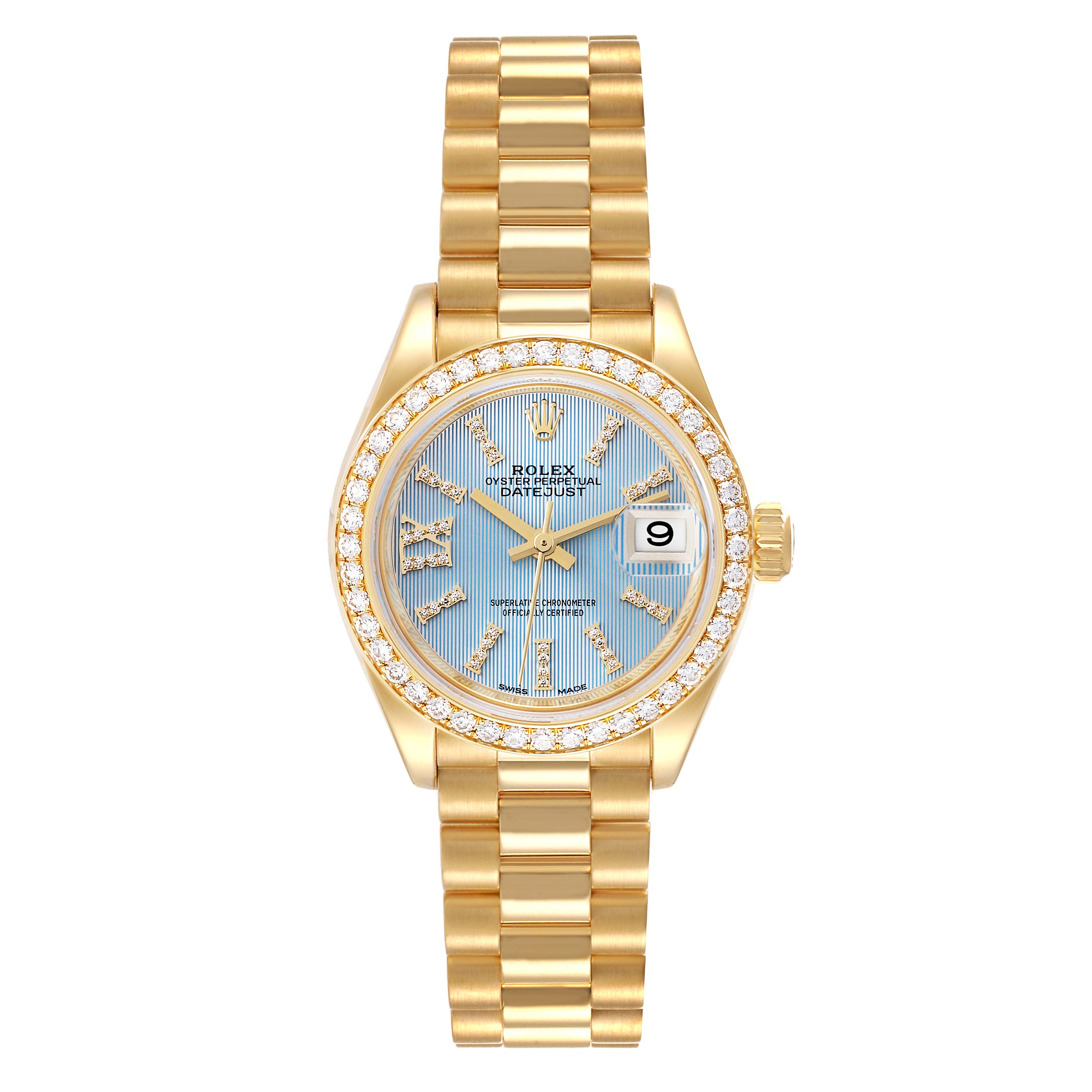 The image shows a front view of a Rolex President 279138 Women's Yellow Gold Blue Dial 279138 Women's Yellow Gold Blue Dial model watch, highlighting its gold bracelet, blue dial, and diamond-set bezel.