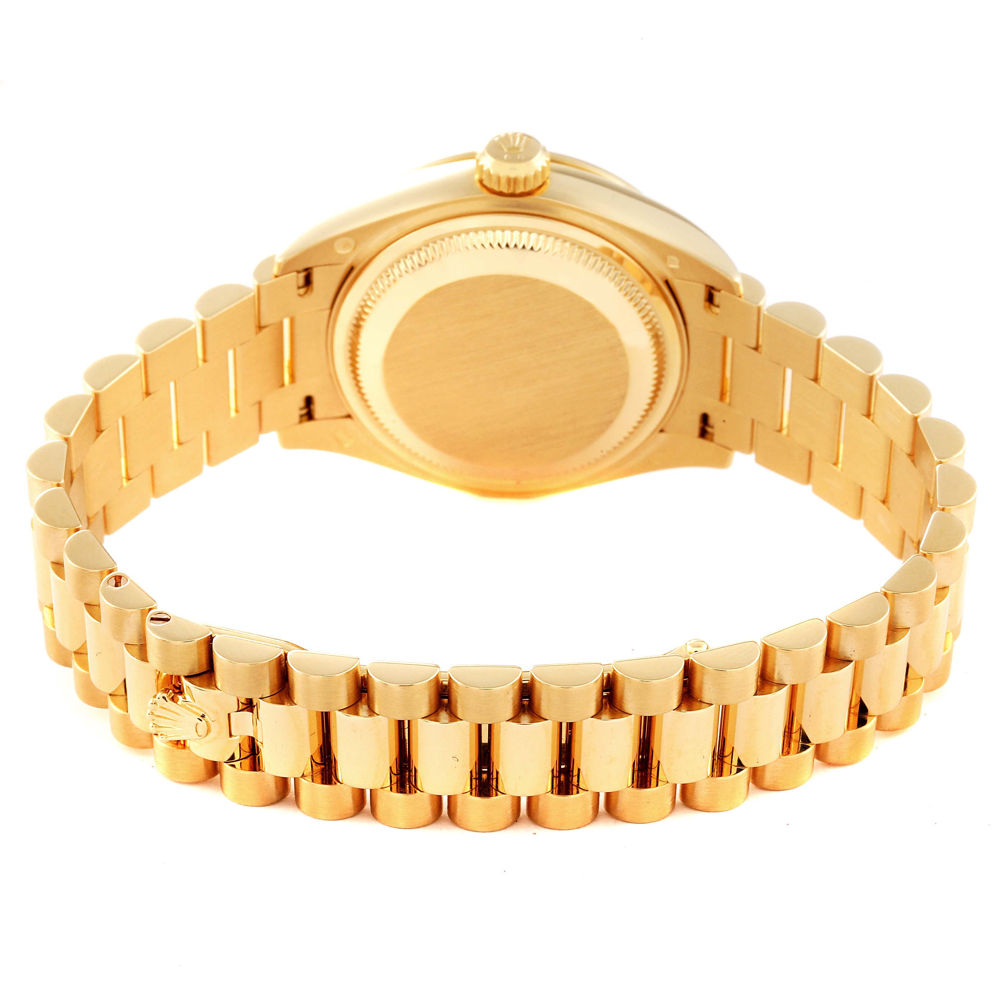 The image shows the backside of a Rolex President 279138 Women's Yellow Gold Blue Dial 279138 Women's Yellow Gold Blue Dial model watch, highlighting the band and the case back.