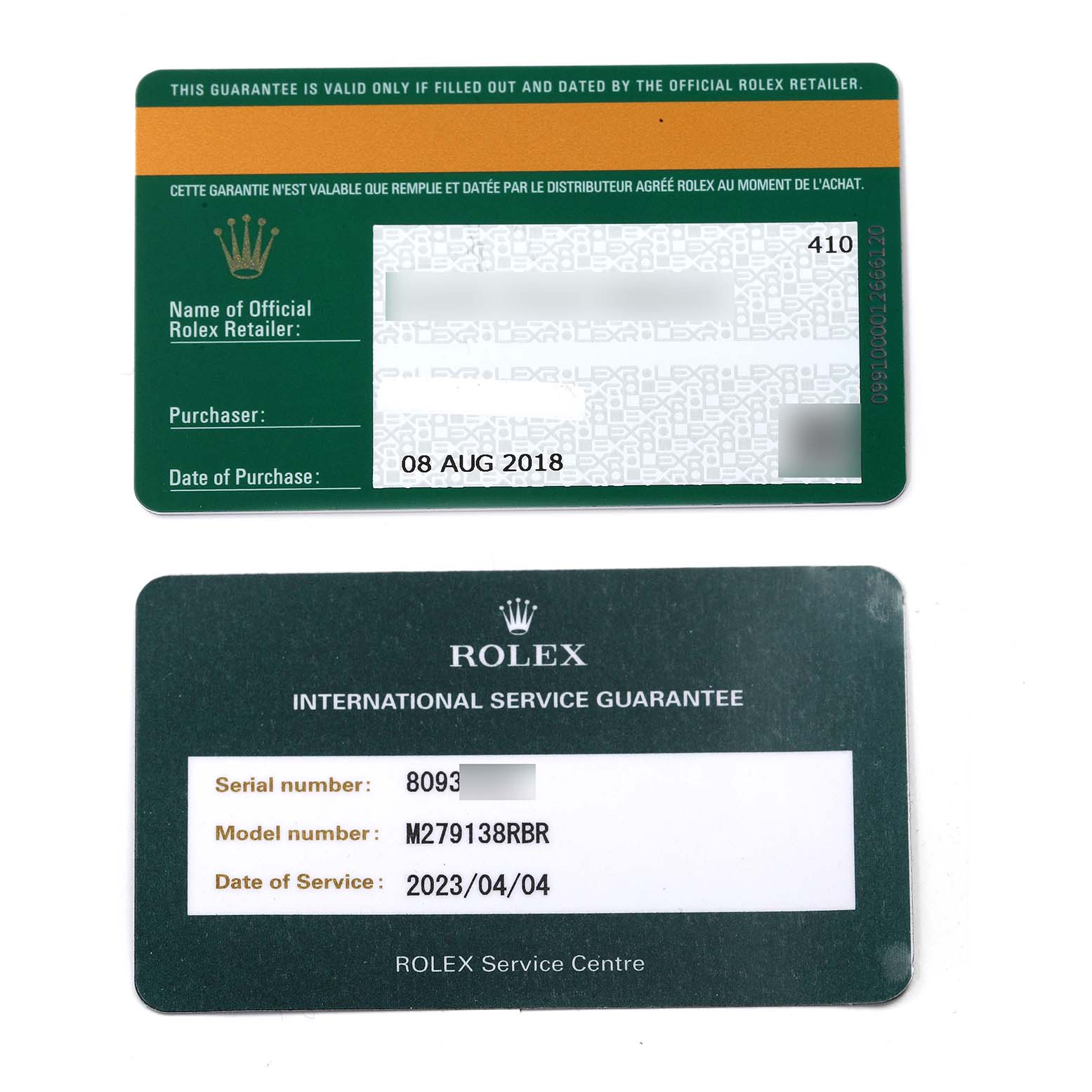 The image shows the guarantee and international service guarantee cards for a Rolex President 279138 Women's Yellow Gold Blue Dial 279138 Women's Yellow Gold Blue Dial model.