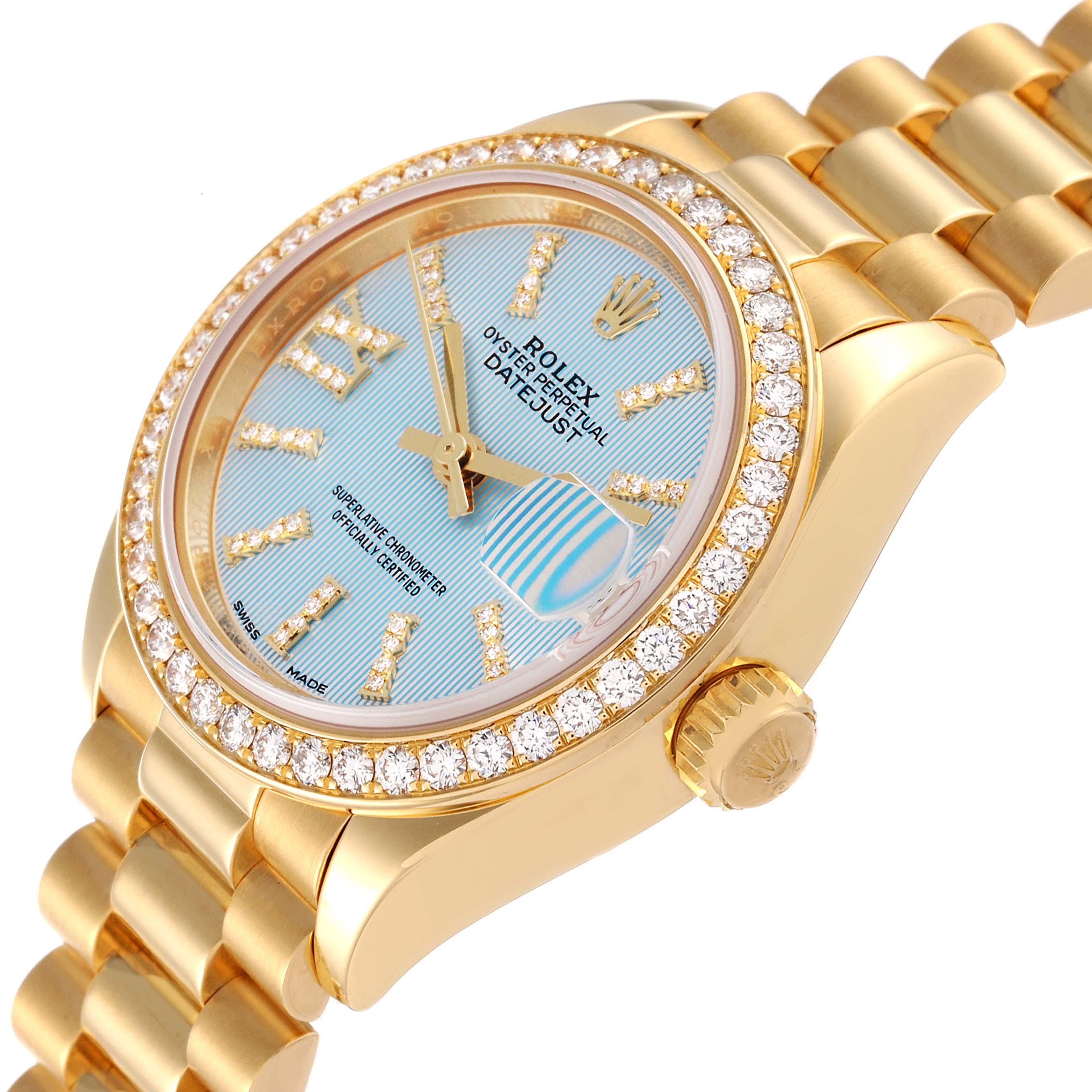 This image shows a Rolex President 279138 Women's Yellow Gold Blue Dial 279138 Women's Yellow Gold Blue Dial model watch featuring a gold bracelet, diamond-studded bezel, and blue dial from a slightly angled top-down view.