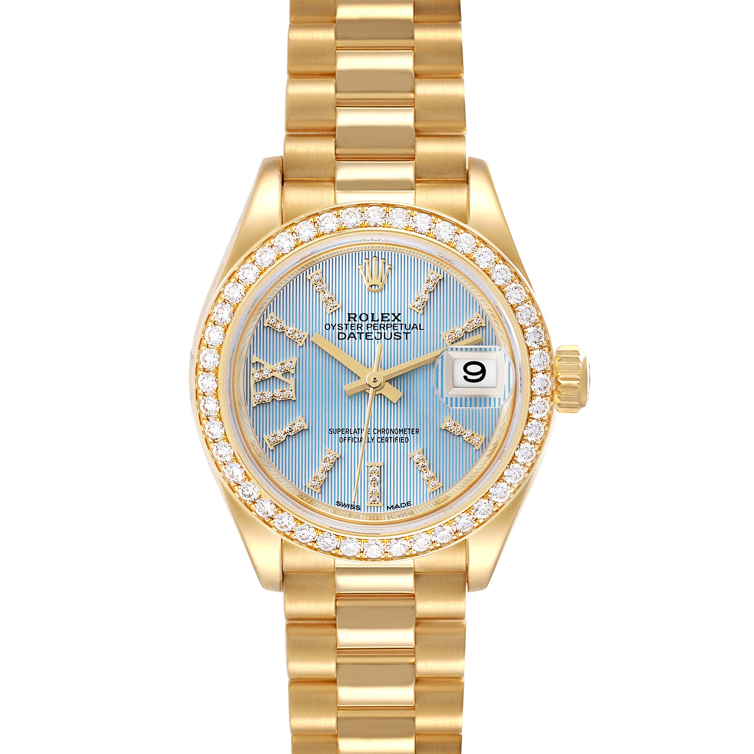 The Rolex President 279138 Women's Yellow Gold Blue Dial 279138 Women's Yellow Gold Blue Dial model is shown from the front, highlighting the face, bezel, and part of the bracelet.