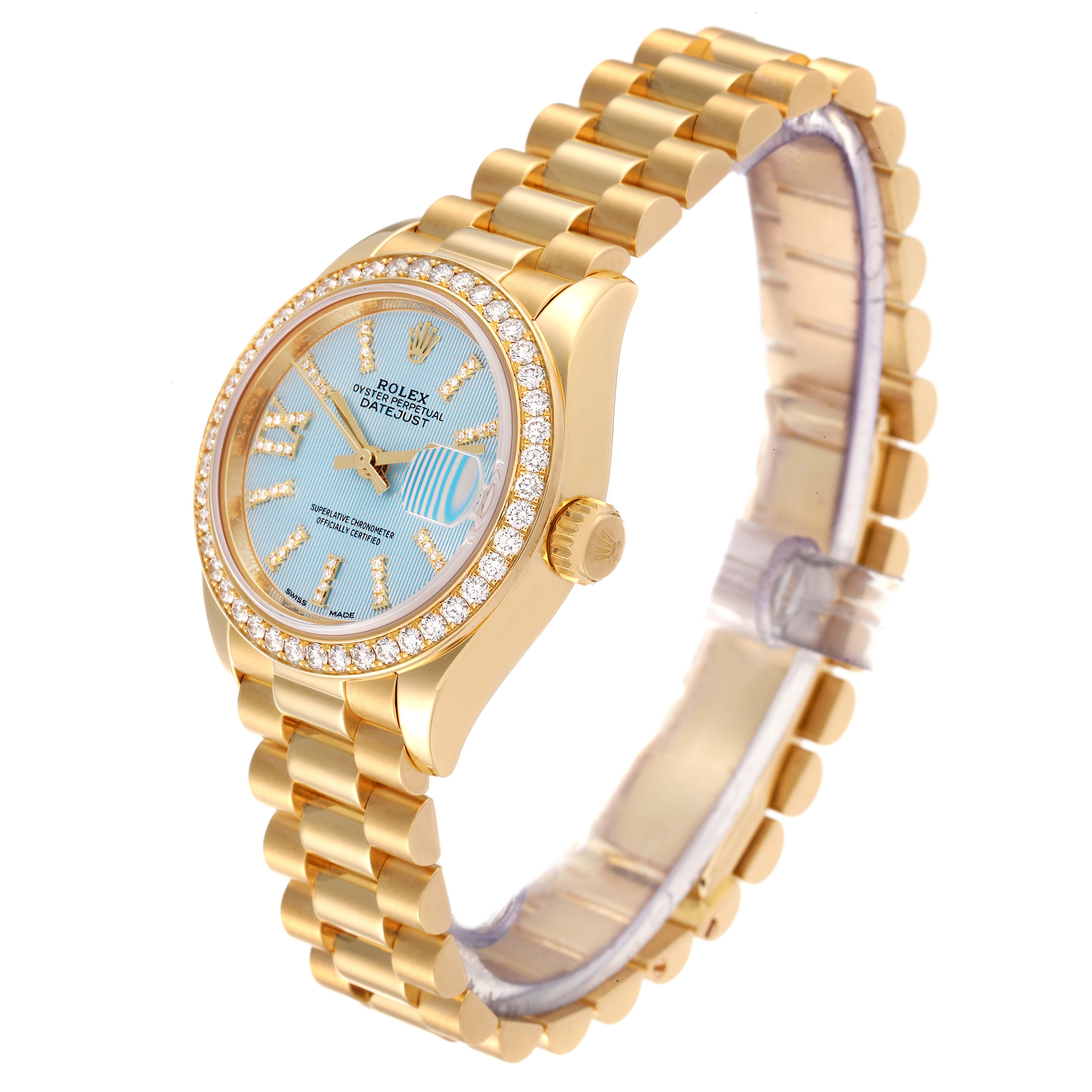 This image shows a Rolex President 279138 Women's Yellow Gold Blue Dial 279138 Women's Yellow Gold Blue Dial model watch from an oblique angle, highlighting the dial, bezel, crown, and bracelet.