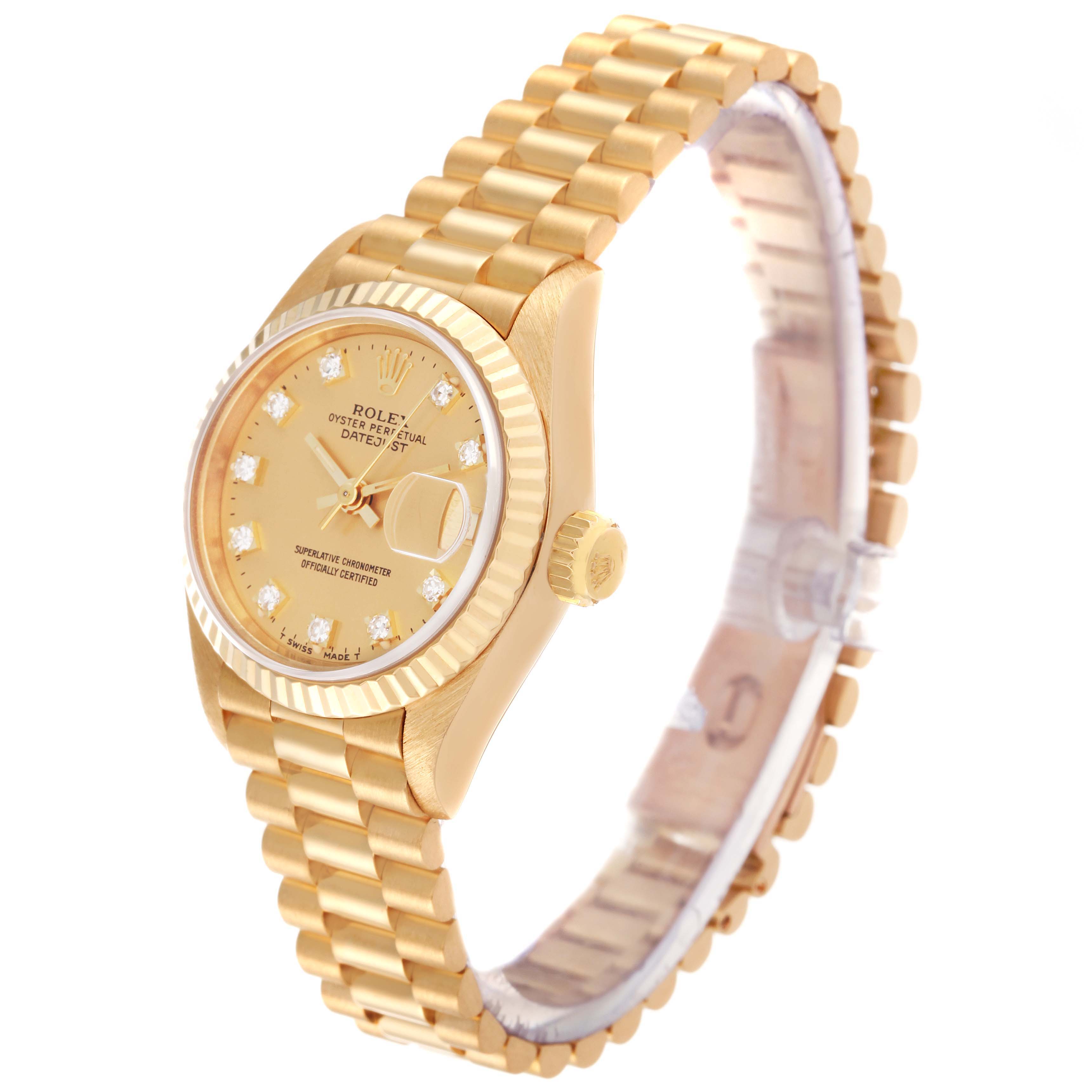 This image shows a side-angle view of a Rolex President 69178 Women
s Yellow Gold Champagne Dial 69178 Women
s Yellow Gold Champagne Dial model watch, highlighting the dial, bezel, and bracelet.