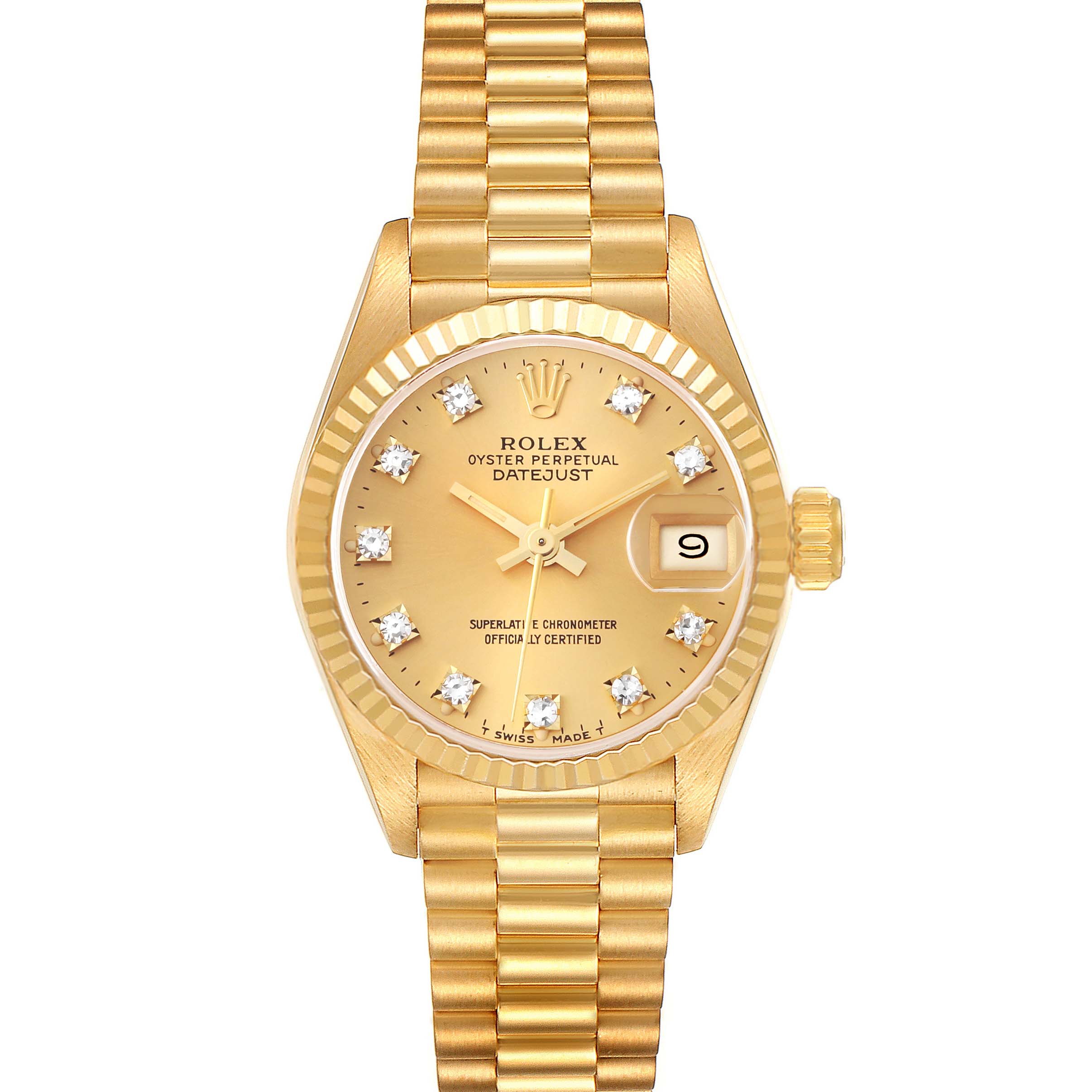 The image shows a frontal view of the Rolex President 69178 Women
s Yellow Gold Champagne Dial 69178 Women
s Yellow Gold Champagne Dial model watch, highlighting its dial, bracelet, and date display.