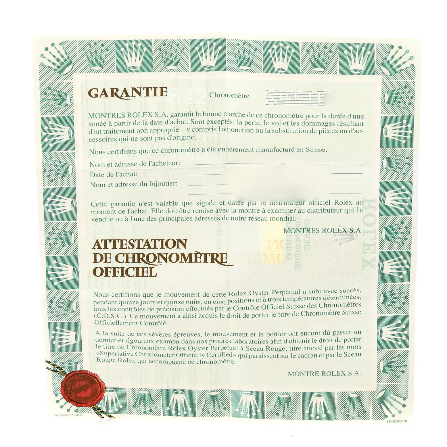 The image shows the official document and warranty certificate for a Rolex President 69178 Women
s Yellow Gold Champagne Dial 69178 Women
s Yellow Gold Champagne Dial model watch.