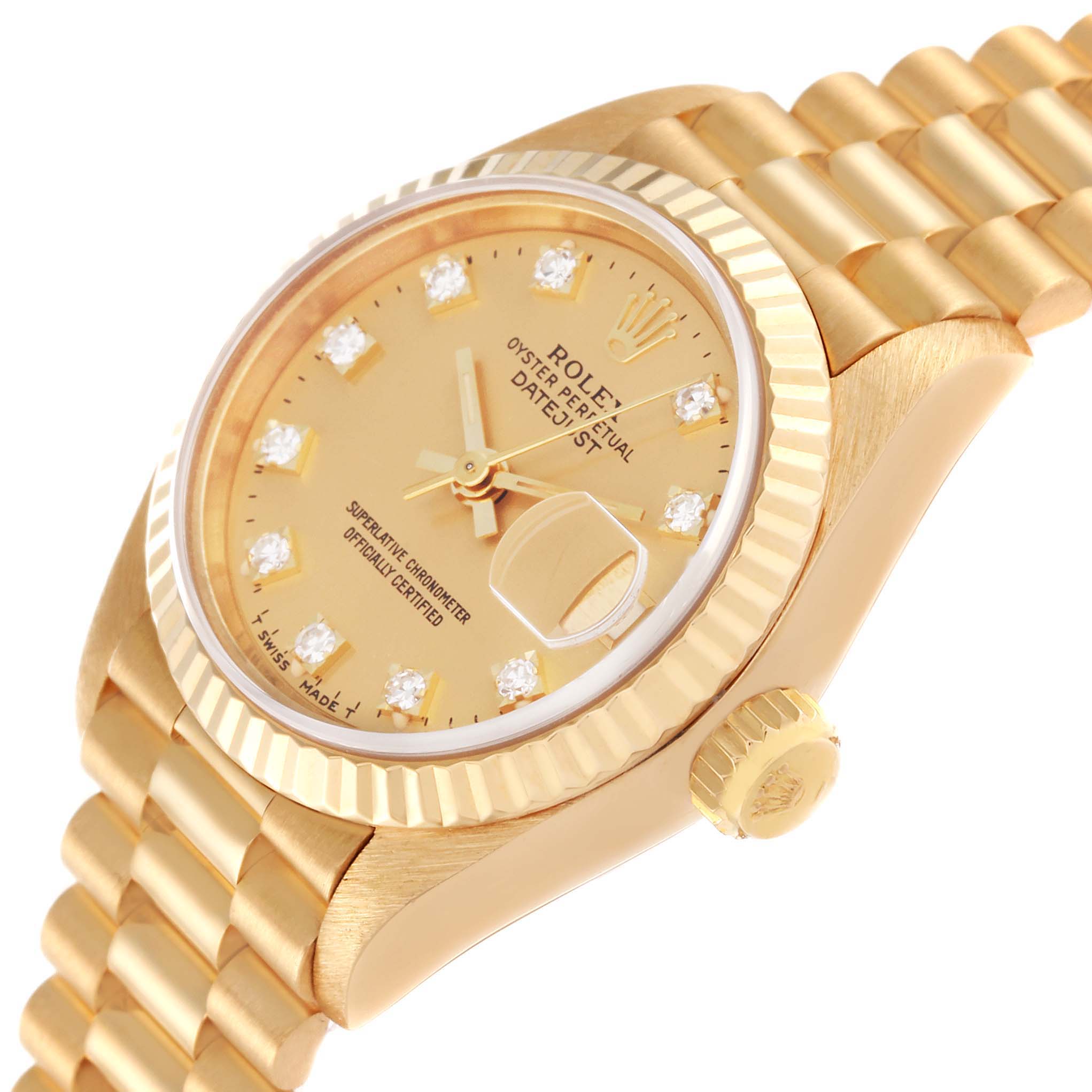 The image shows a Rolex President 69178 Women
s Yellow Gold Champagne Dial 69178 Women
s Yellow Gold Champagne Dial watch at an oblique angle, highlighting the gold dial, diamond markers, date window, bezel, and bracelet.