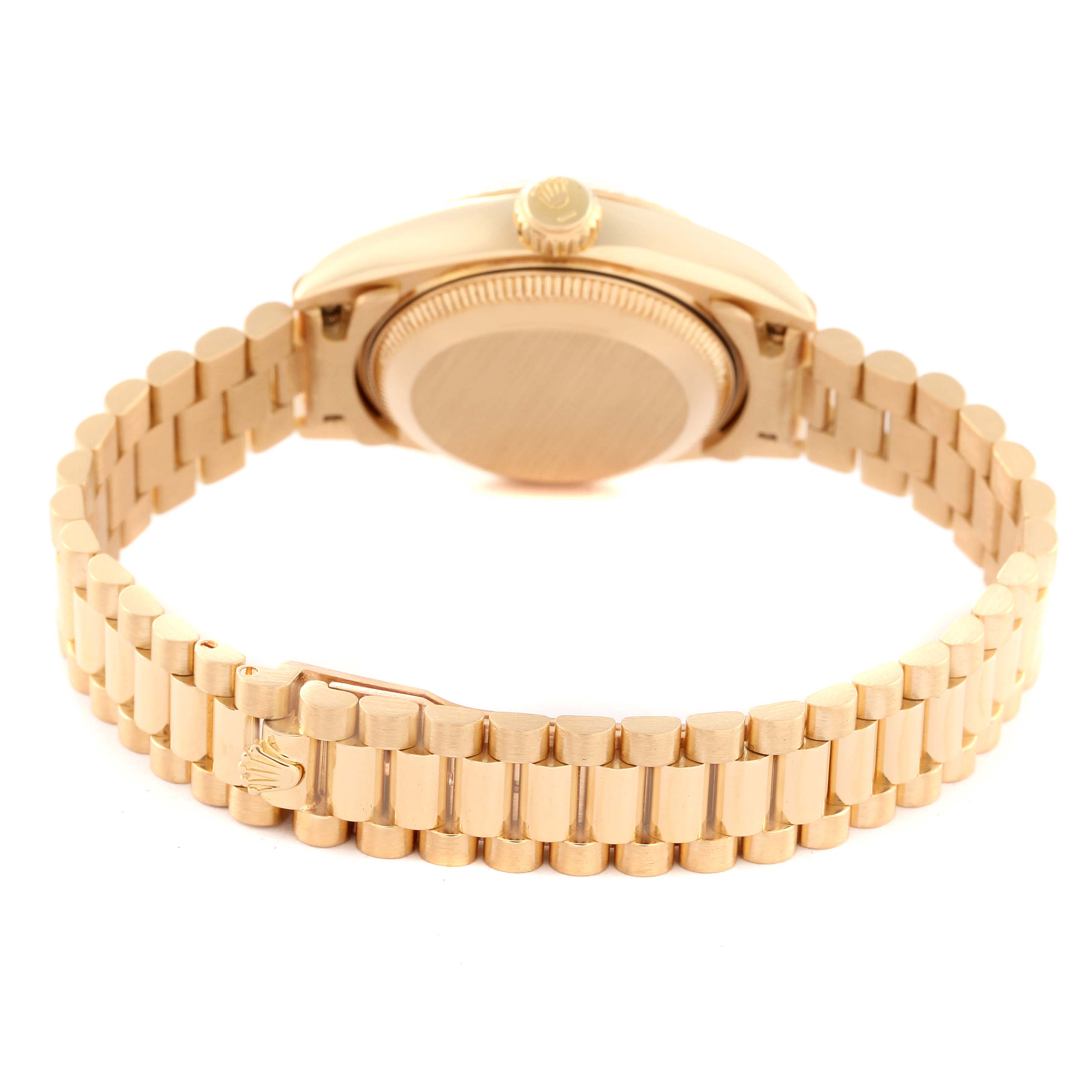 This image shows the back view of a Rolex President 69178 Women
s Yellow Gold Champagne Dial 69178 Women
s Yellow Gold Champagne Dial model watch, highlighting its gold bracelet and case back.