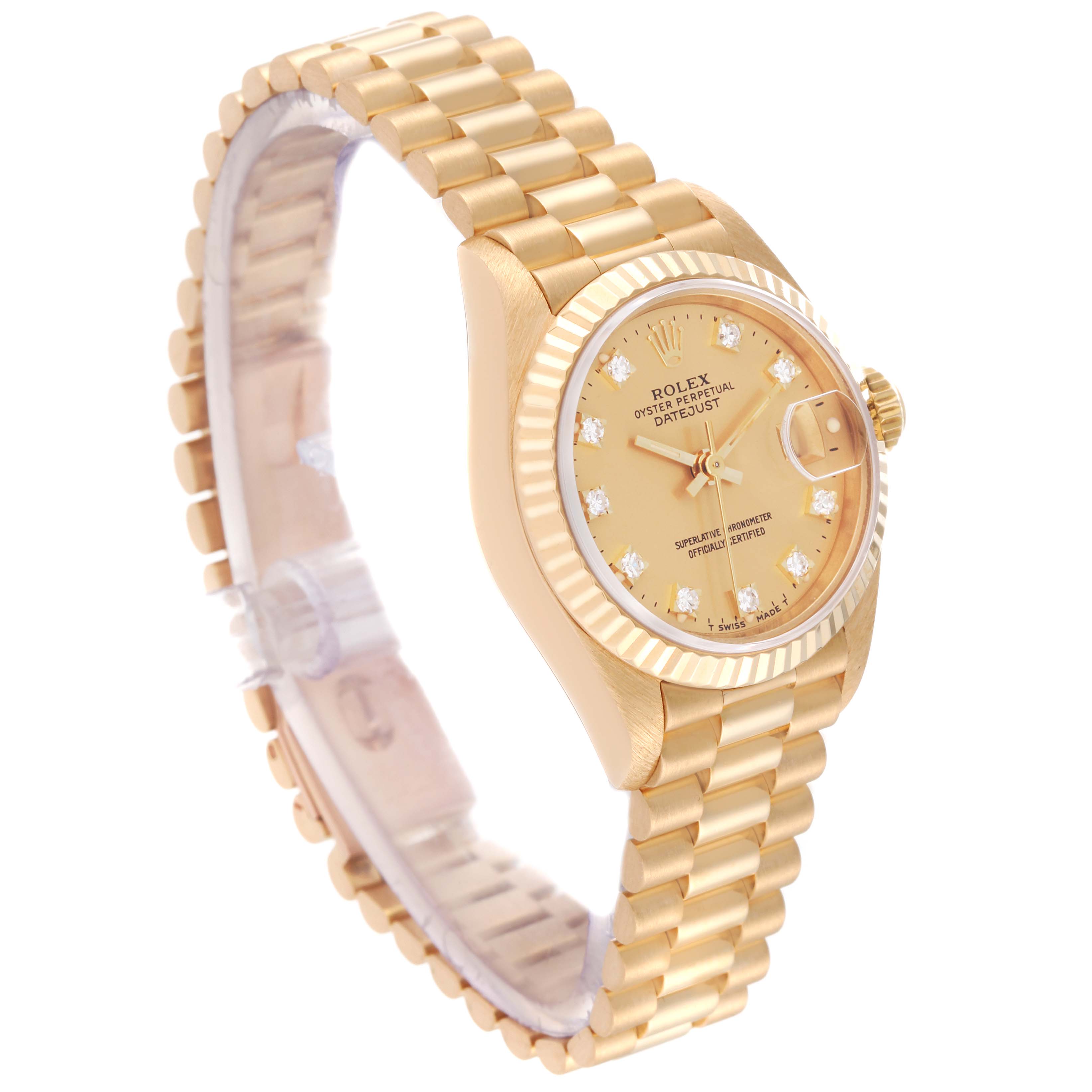 This image shows a Rolex President 69178 Women
s Yellow Gold Champagne Dial 69178 Women
s Yellow Gold Champagne Dial model watch at a three-quarter angle, displaying its gold case, bracelet, dial, and fluted bezel.