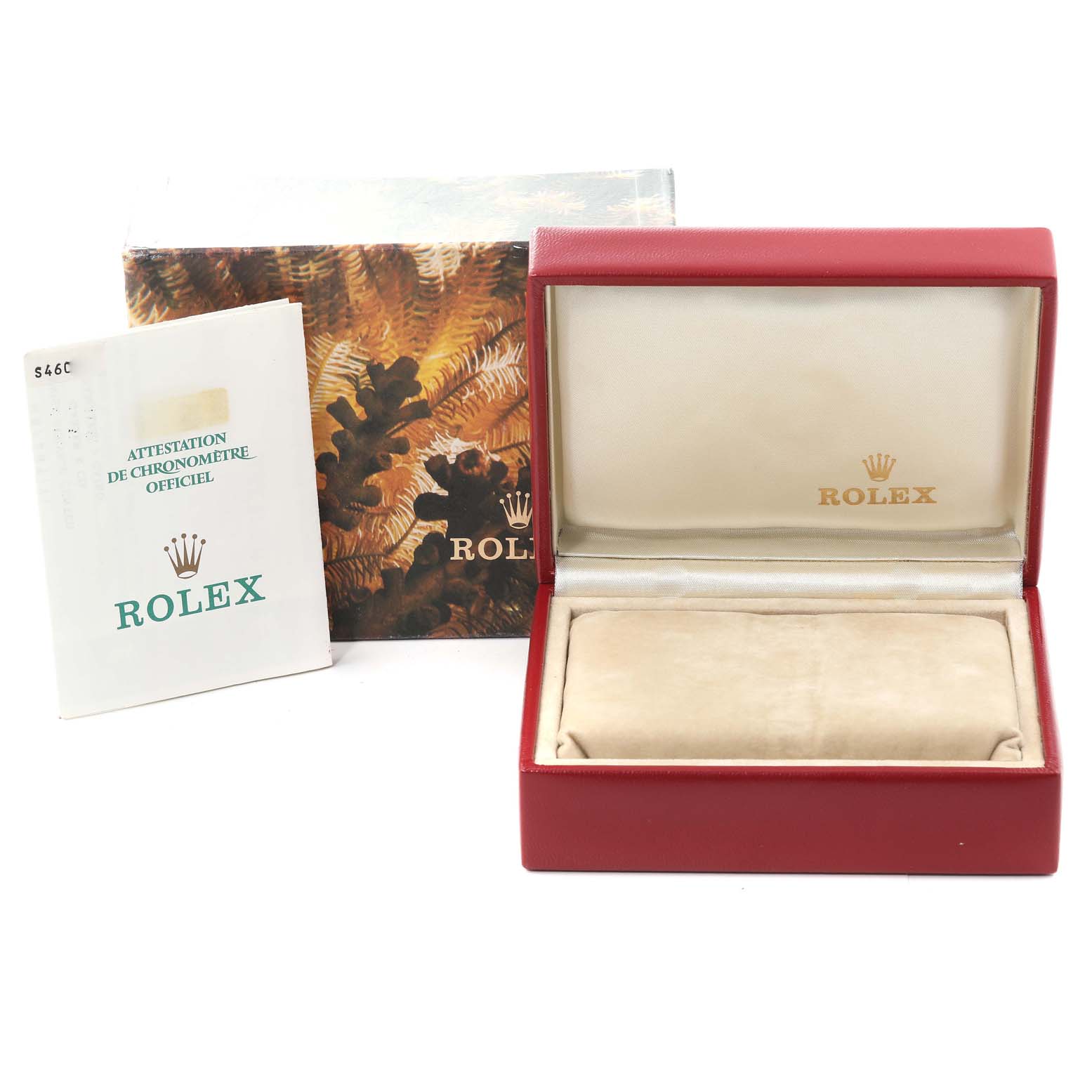 This image shows a Rolex President 69178 Women
s Yellow Gold Champagne Dial 69178 Women
s Yellow Gold Champagne Dial model watch box, its outer packaging, and an official chronometer certification booklet.