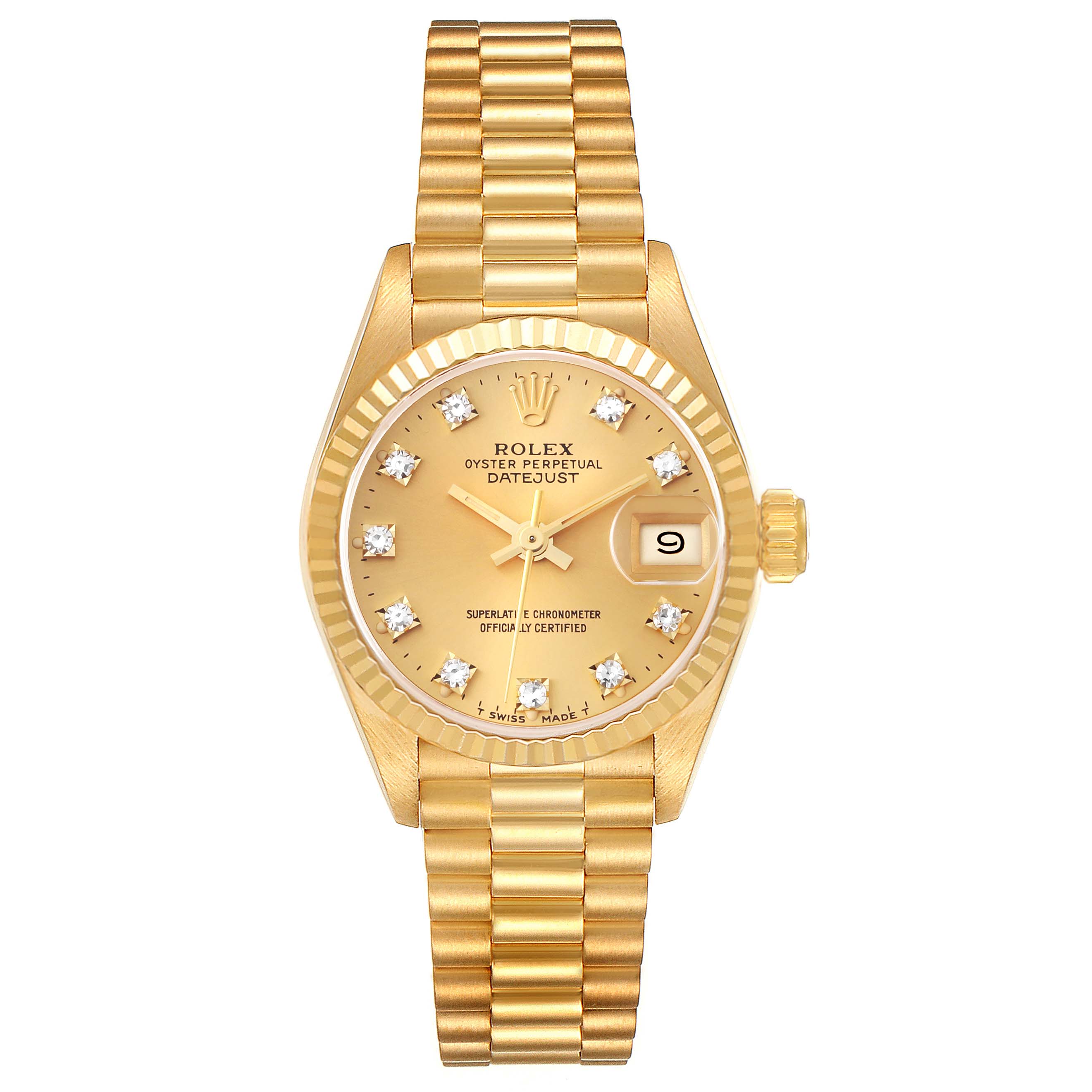 The image shows a front view of the Rolex President 69178 Women
s Yellow Gold Champagne Dial 69178 Women
s Yellow Gold Champagne Dial model watch, featuring a gold bracelet, dial, and date window.