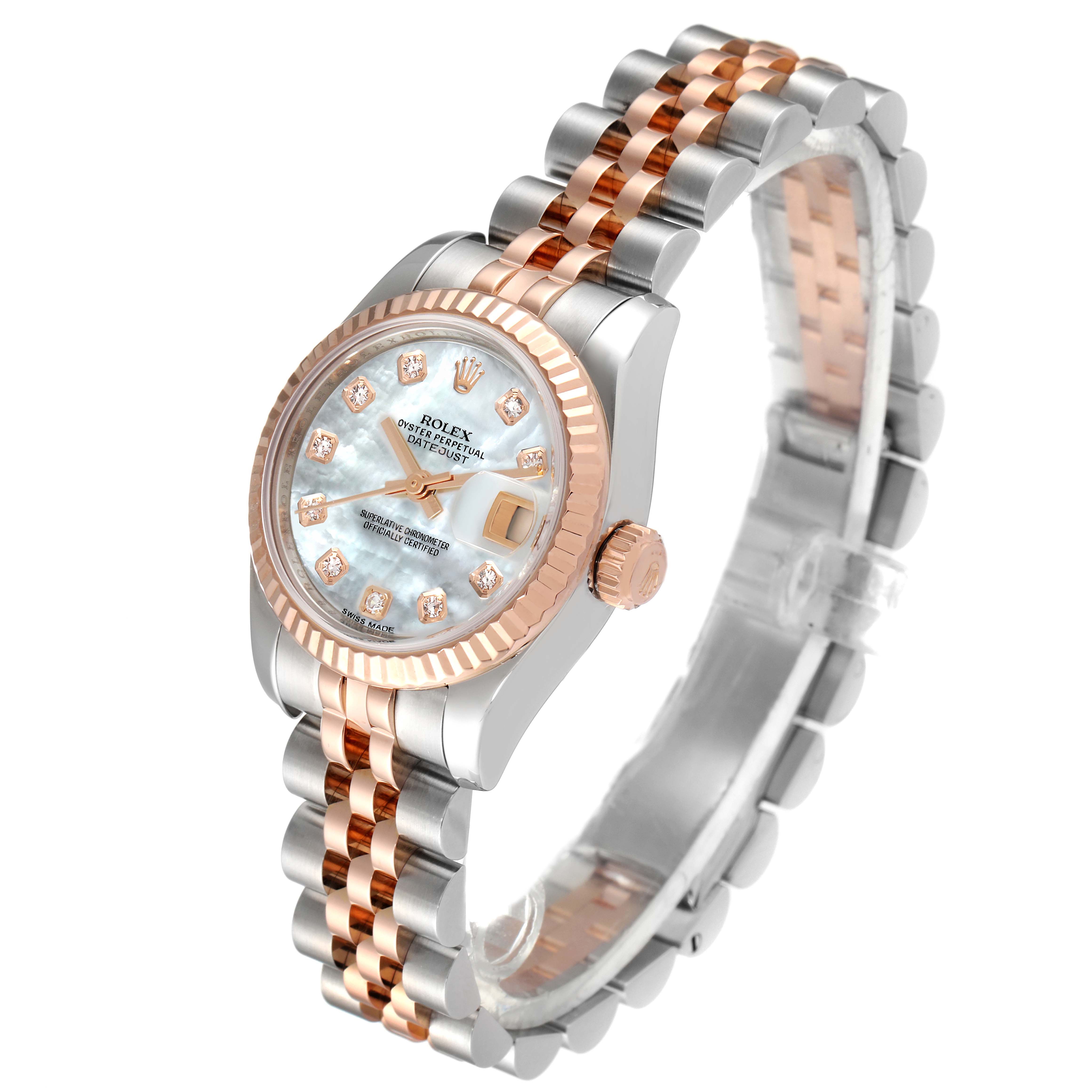 The image shows a Rolex Datejust 179171 Women's Steel and Gold (two tone) Mother of Pearl Dial 179171 Women's Steel and Gold (two tone) Mother of Pearl Dial watch at an angle highlighting the dial, bezel, crown, and the two-tone bracelet.