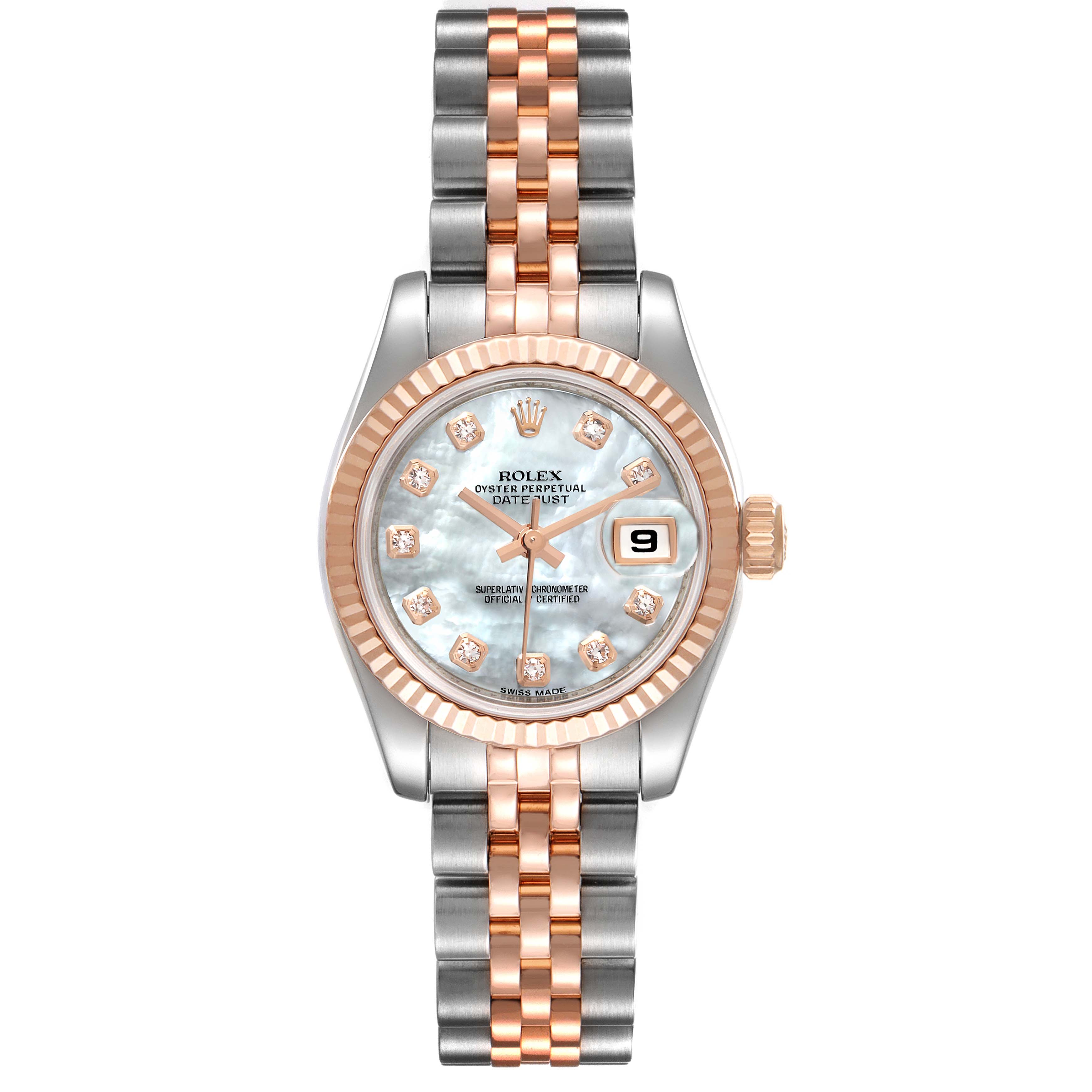 The image shows a Rolex Datejust 179171 Women's Steel and Gold (two tone) Mother of Pearl Dial 179171 Women's Steel and Gold (two tone) Mother of Pearl Dial watch from a top-down angle, highlighting its bezel, dial, and two-tone bracelet.