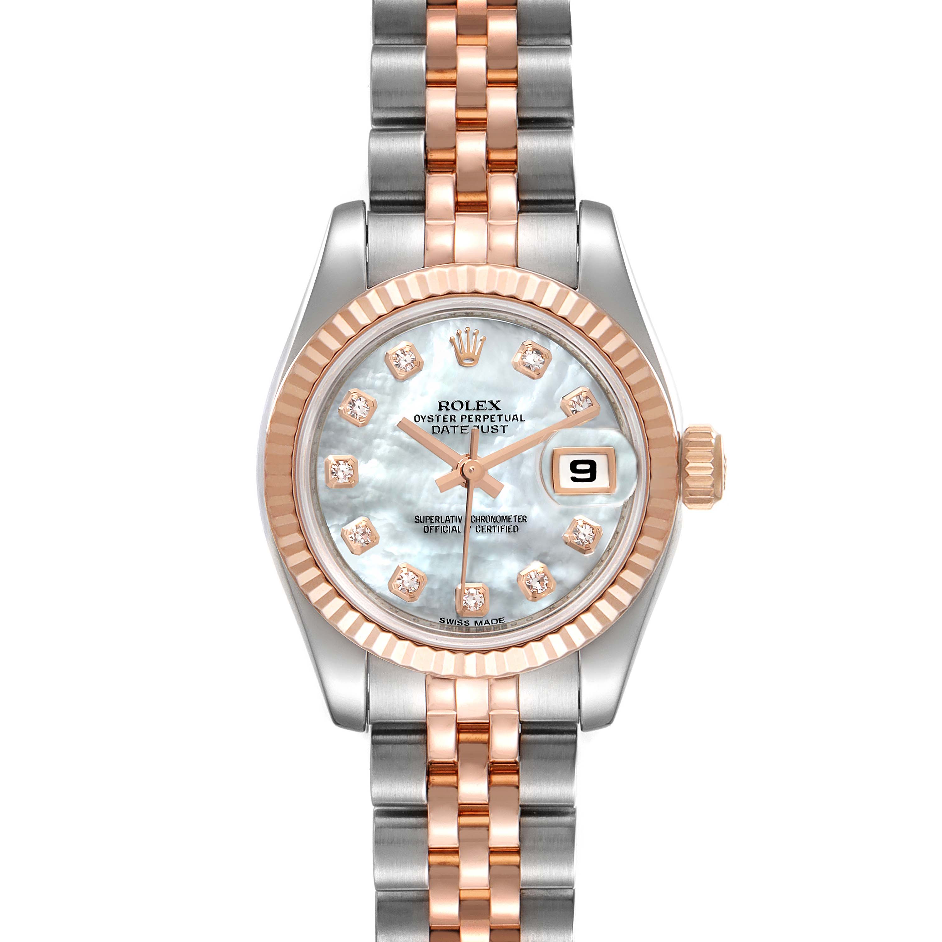 The image shows a front view of a Rolex Datejust 179171 Women's Steel and Gold (two tone) Mother of Pearl Dial 179171 Women's Steel and Gold (two tone) Mother of Pearl Dial watch, featuring a two-tone bracelet, diamond hour markers, and a date window at 3 o'clock.