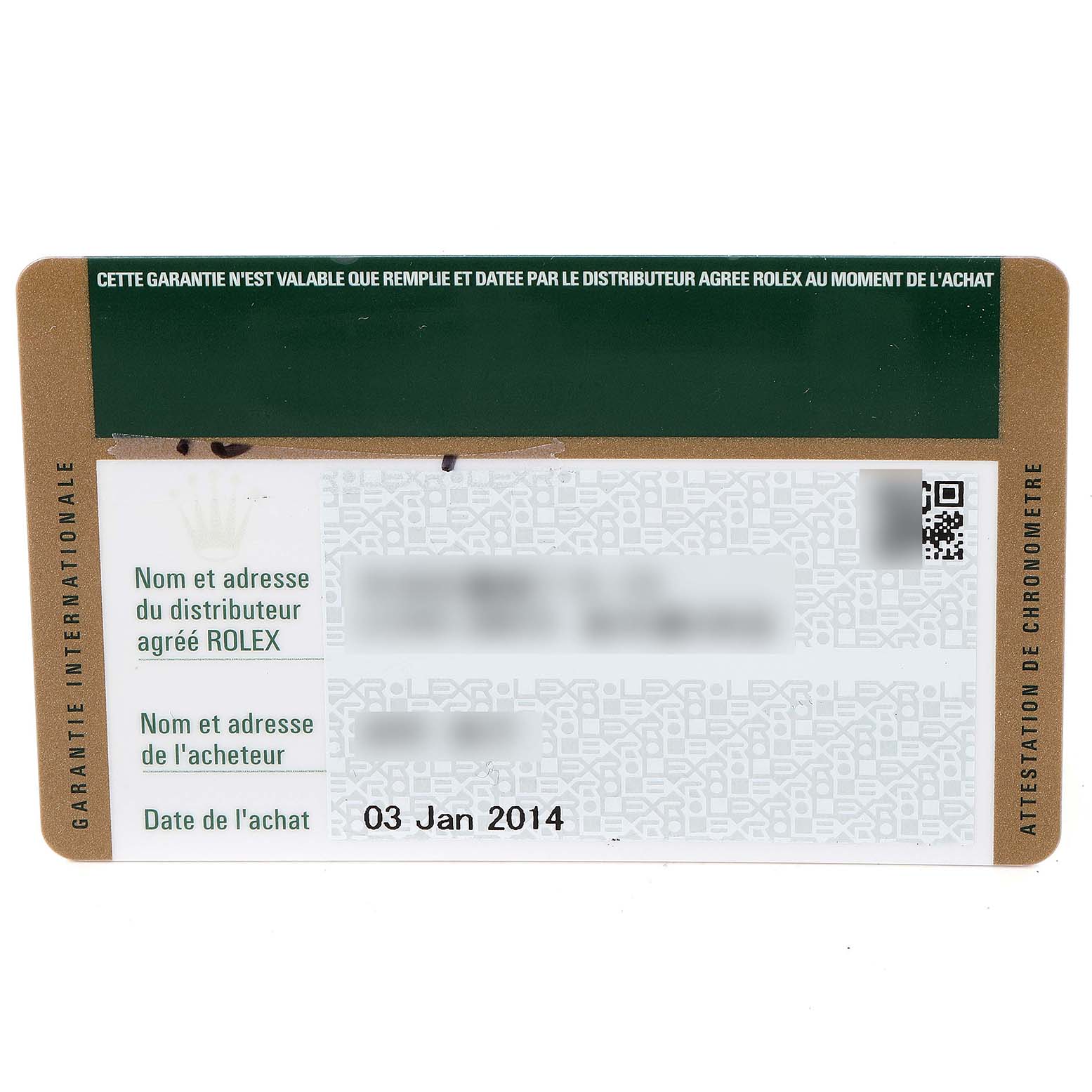 The image shows the warranty card for a Rolex Datejust 179171 Women's Steel and Gold (two tone) Mother of Pearl Dial 179171 Women's Steel and Gold (two tone) Mother of Pearl Dial watch, including purchase date and distributor information.