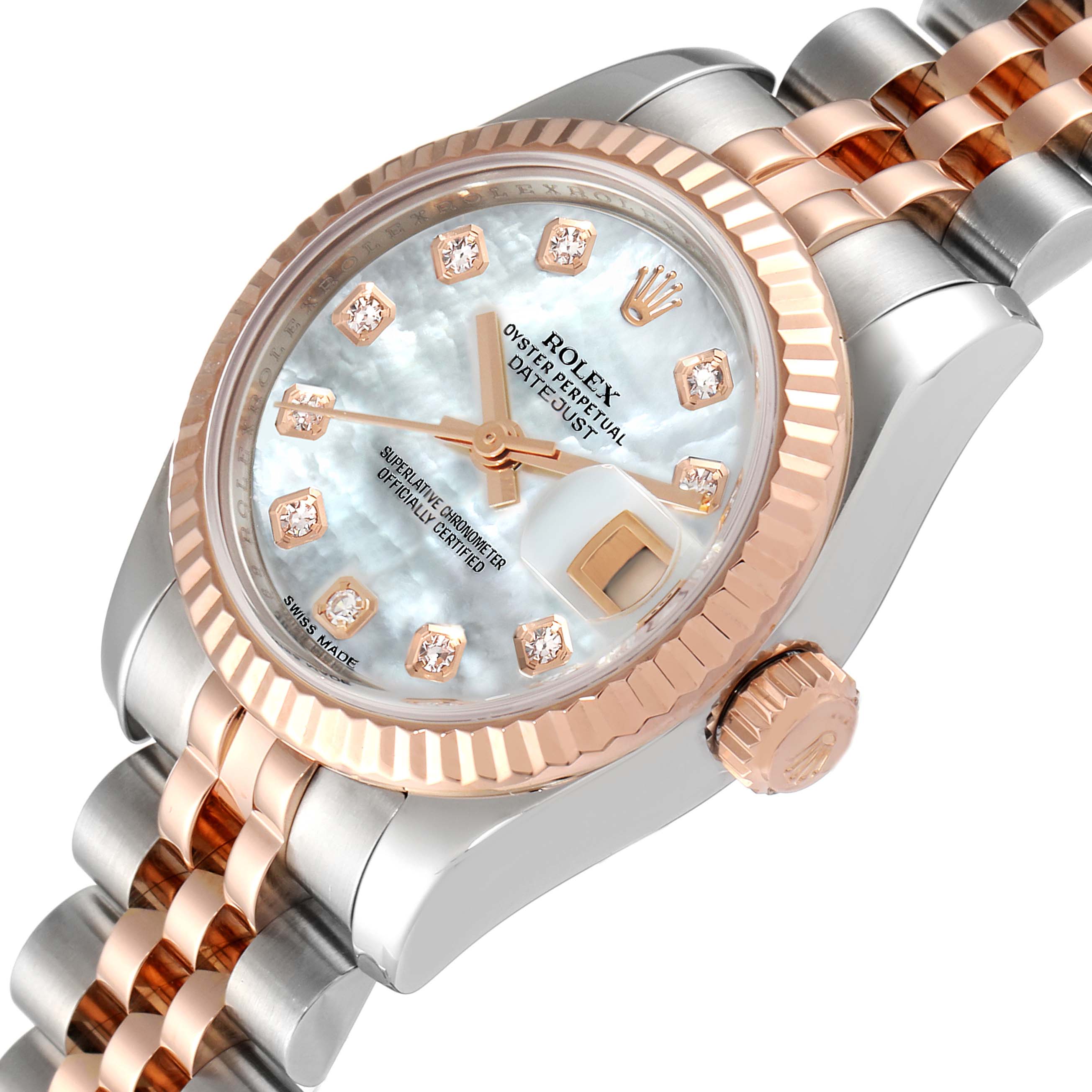 This image shows a close-up view of the Rolex Datejust 179171 Women's Steel and Gold (two tone) Mother of Pearl Dial 179171 Women's Steel and Gold (two tone) Mother of Pearl Dial watch, highlighting its dial, bezel, and part of the bracelet.