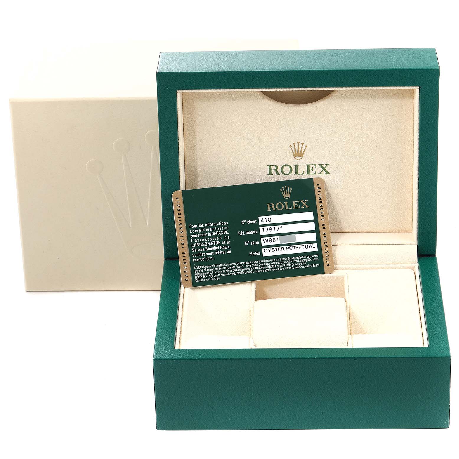 The image shows an open Rolex Datejust 179171 Women's Steel and Gold (two tone) Mother of Pearl Dial 179171 Women's Steel and Gold (two tone) Mother of Pearl Dial watch box with the warranty card placed inside.