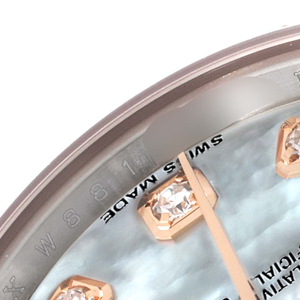 The image shows a close-up of the dial and bezel of a Rolex Datejust 179171 Women's Steel and Gold (two tone) Mother of Pearl Dial 179171 Women's Steel and Gold (two tone) Mother of Pearl Dial watch, featuring diamond hour markers.