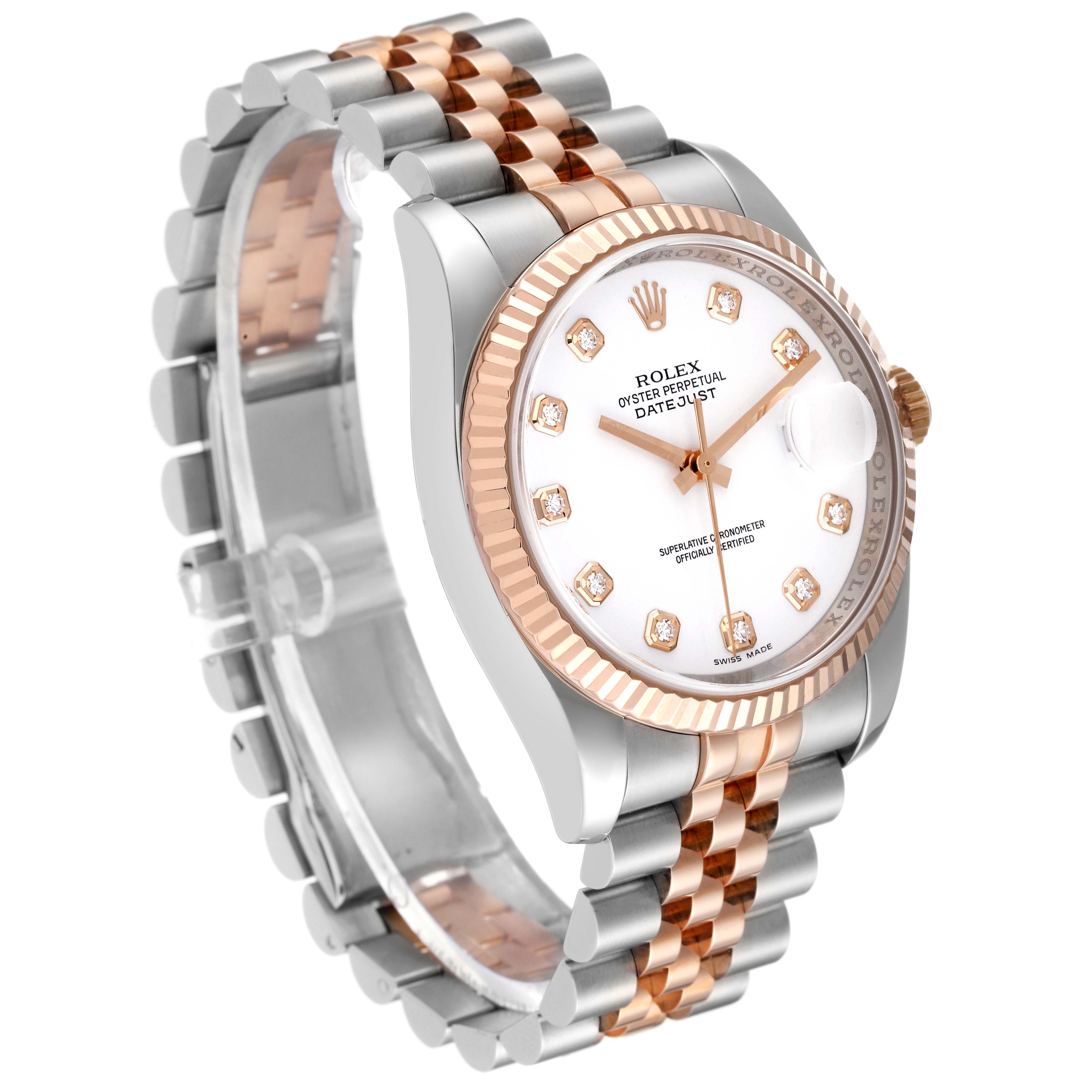 This image shows a three-quarter view of a Rolex Datejust 116231 Men's Steel and Gold (two tone) White Dial 116231 Men's Steel and Gold (two tone) White Dial watch, highlighting the face, bezel, and part of the bracelet.