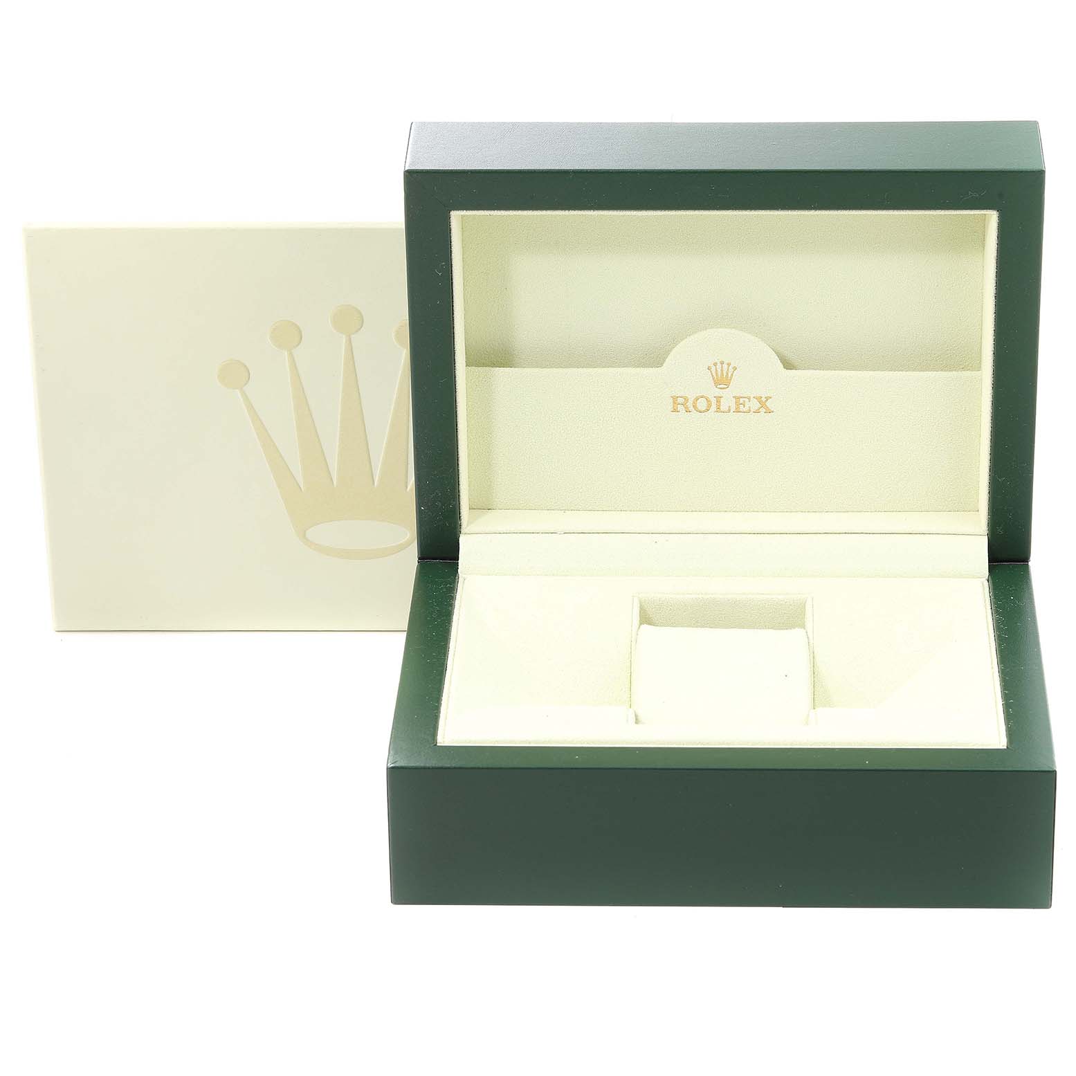 The image shows an open Rolex Datejust 116231 Men's Steel and Gold (two tone) White Dial 116231 Men's Steel and Gold (two tone) White Dial watch box from a straight-on angle, revealing the interior and the pillow for the watch.