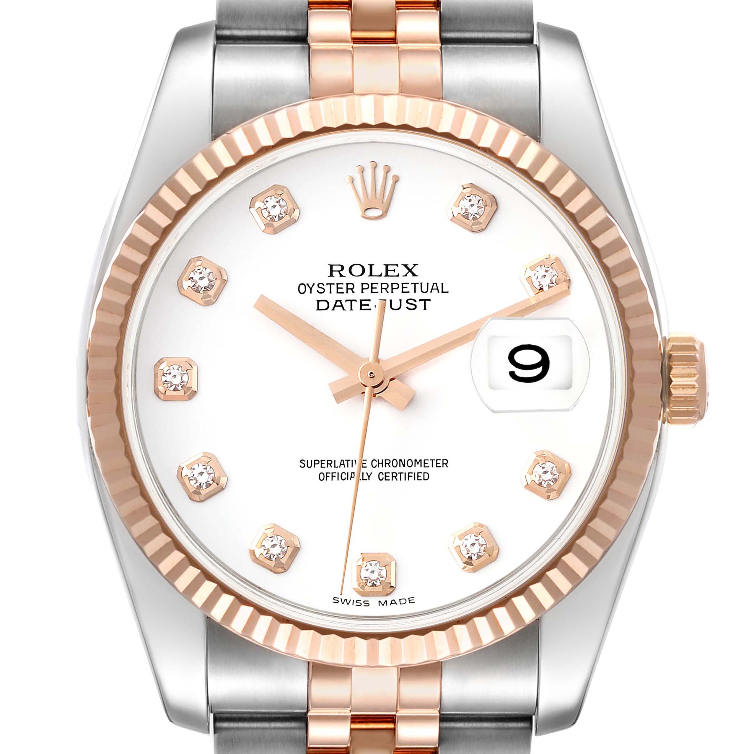 This Rolex Datejust 116231 Men's Steel and Gold (two tone) White Dial 116231 Men's Steel and Gold (two tone) White Dial watch is shown from a front angle, highlighting the dial, bezel, and part of the bracelet.