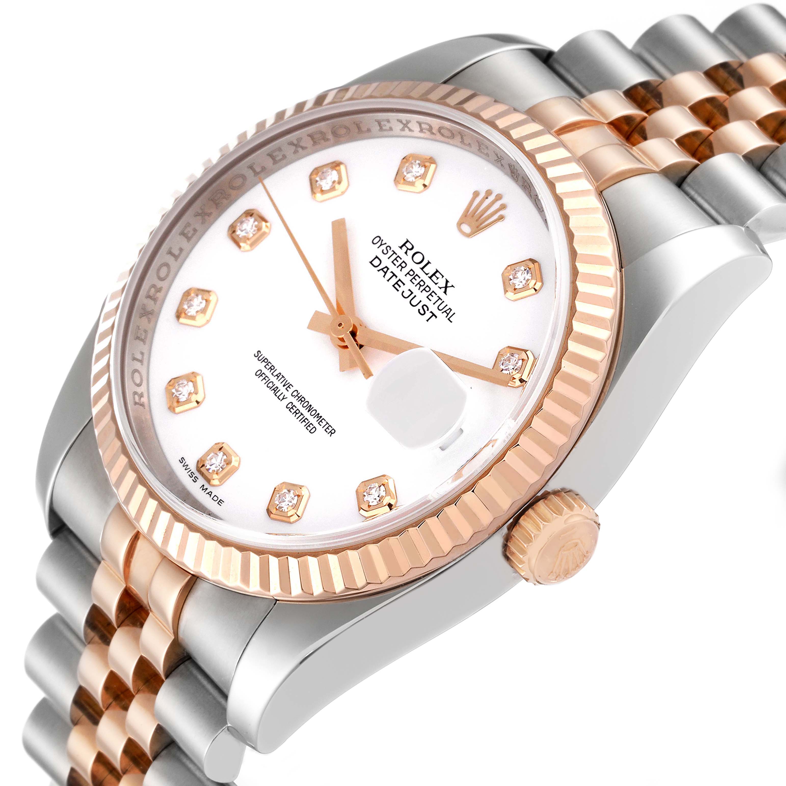 The image shows a Rolex Datejust 116231 Men's Steel and Gold (two tone) White Dial 116231 Men's Steel and Gold (two tone) White Dial watch at an angled side view, highlighting the dial, bezel, crown, and bracelet.