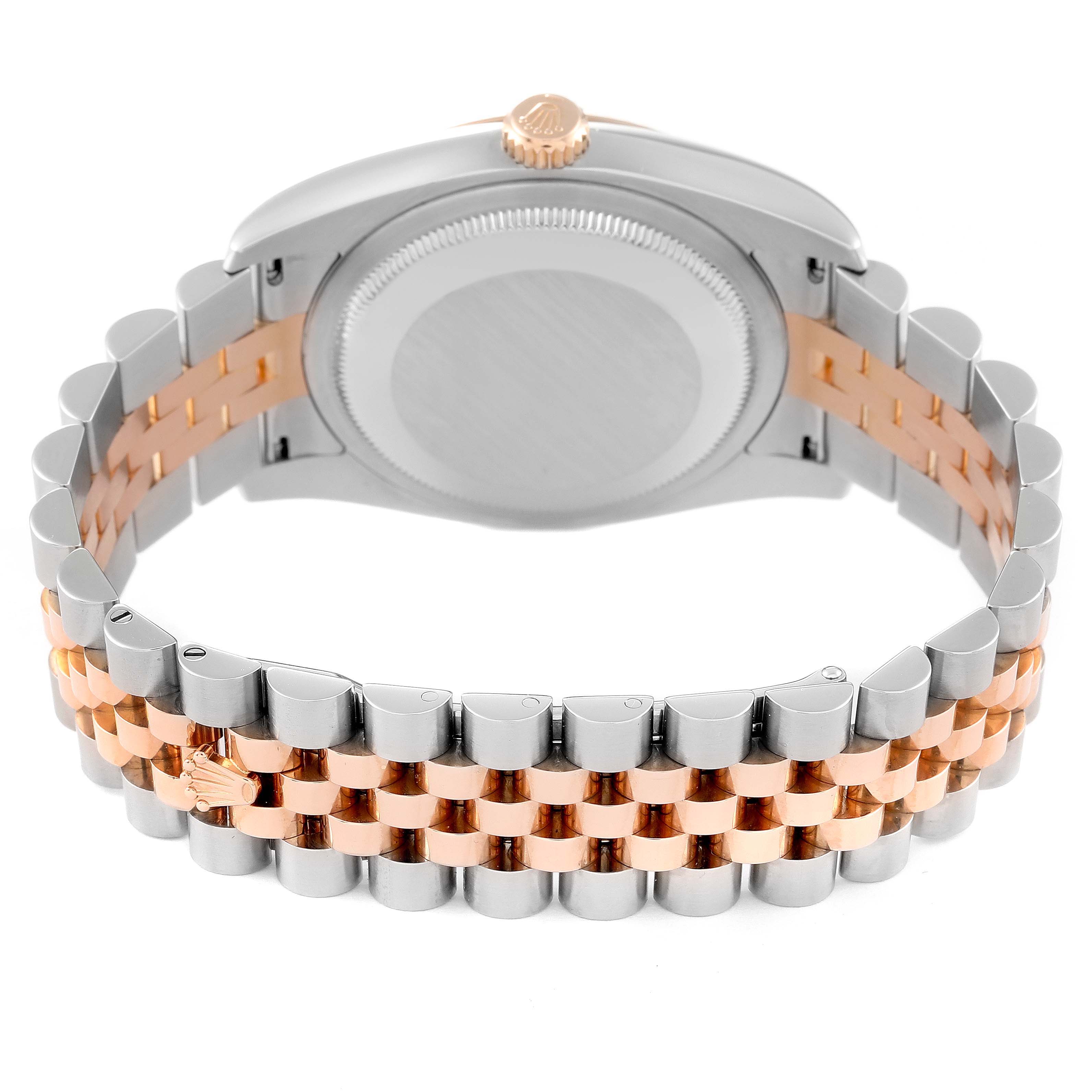 This image shows the back view of the Rolex Datejust 116231 Men's Steel and Gold (two tone) White Dial 116231 Men's Steel and Gold (two tone) White Dial watch, highlighting its case and bi-color bracelet.