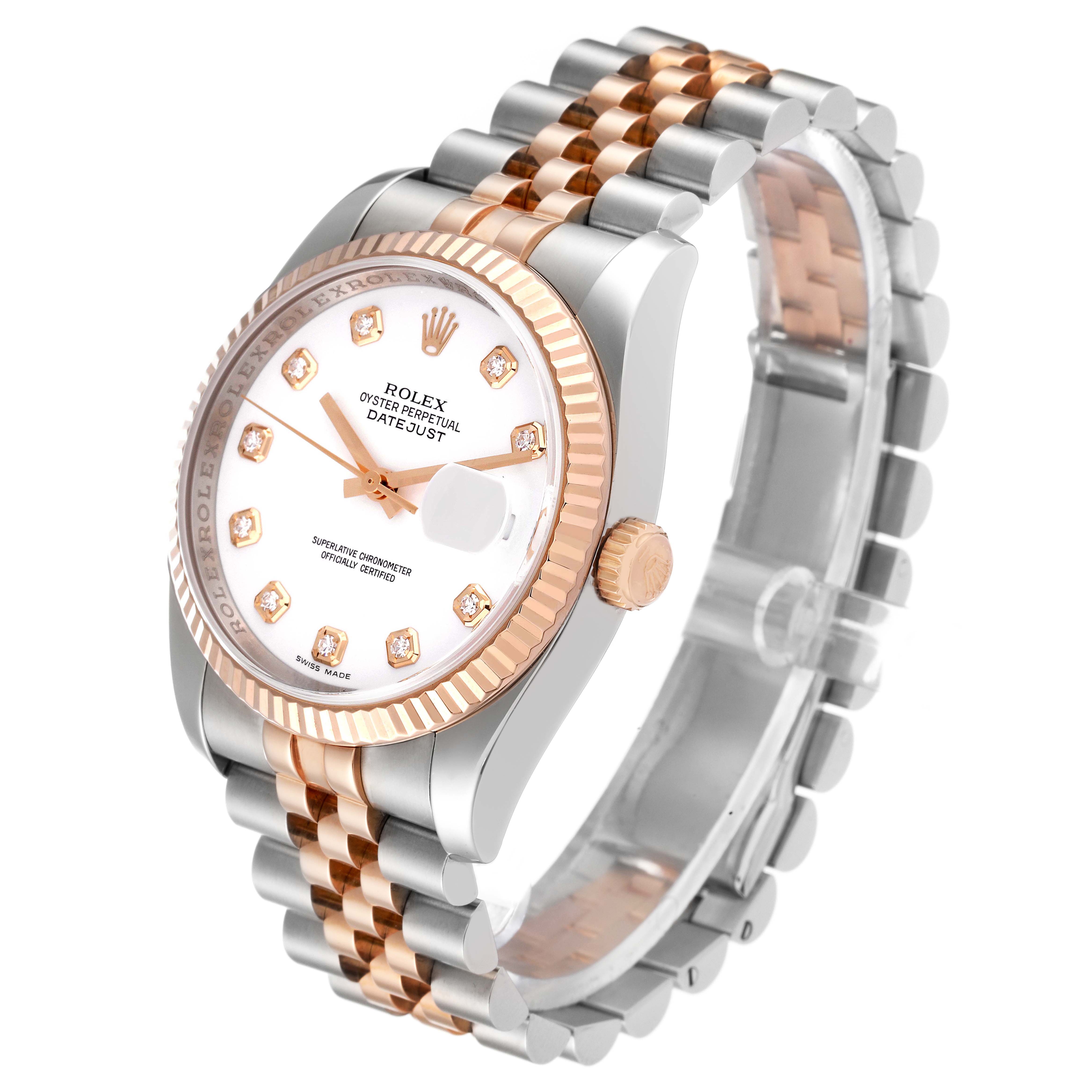This image shows a Rolex Datejust 116231 Men's Steel and Gold (two tone) White Dial 116231 Men's Steel and Gold (two tone) White Dial watch at an angle displaying the face, bezel, crown, and two-tone bracelet.