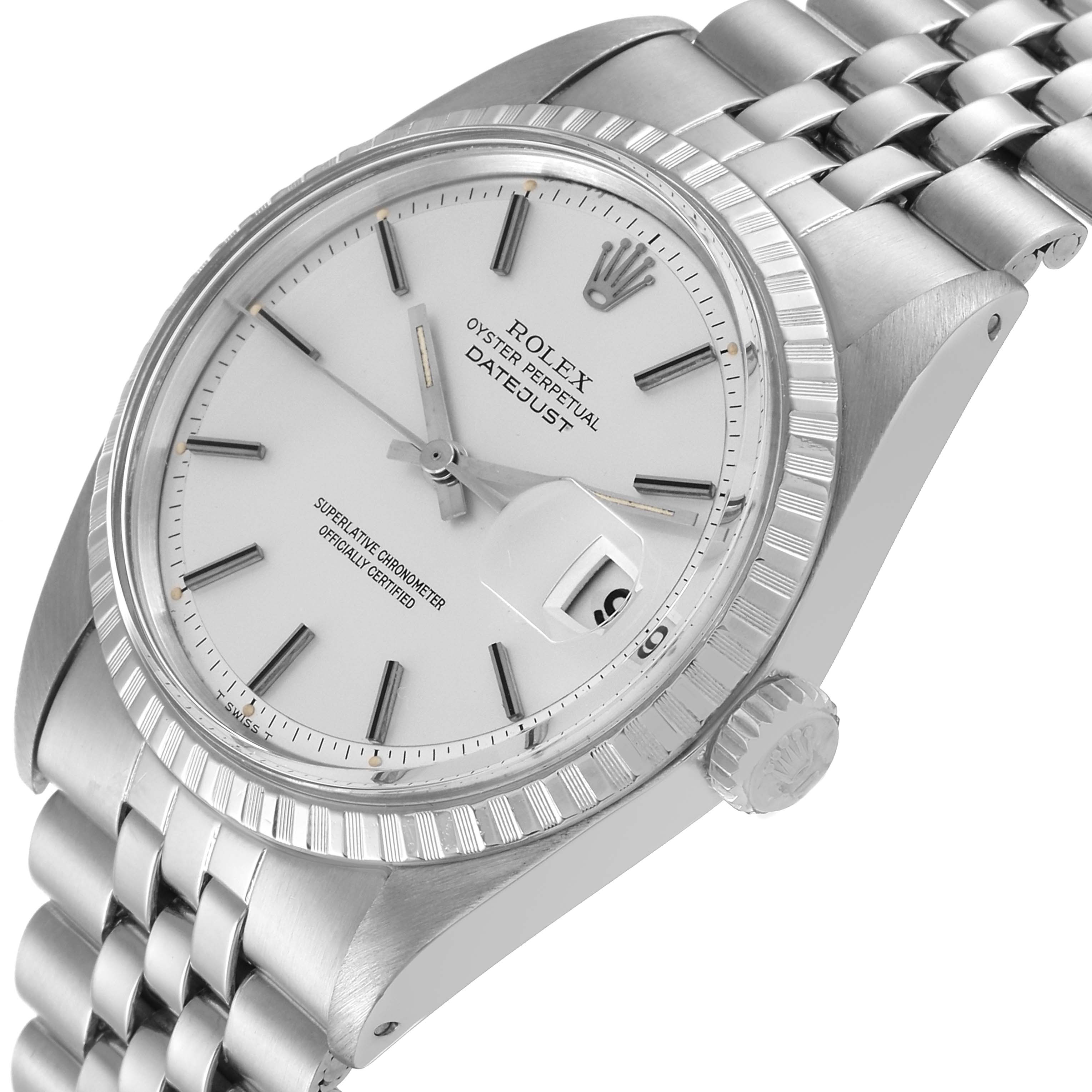 This Rolex Datejust 1603 Men's Stainless Steel Silver Dial 1603 Men's Stainless Steel Silver Dial watch is shown at a slight angle, highlighting its dial, fluted bezel, crown, and part of the bracelet.