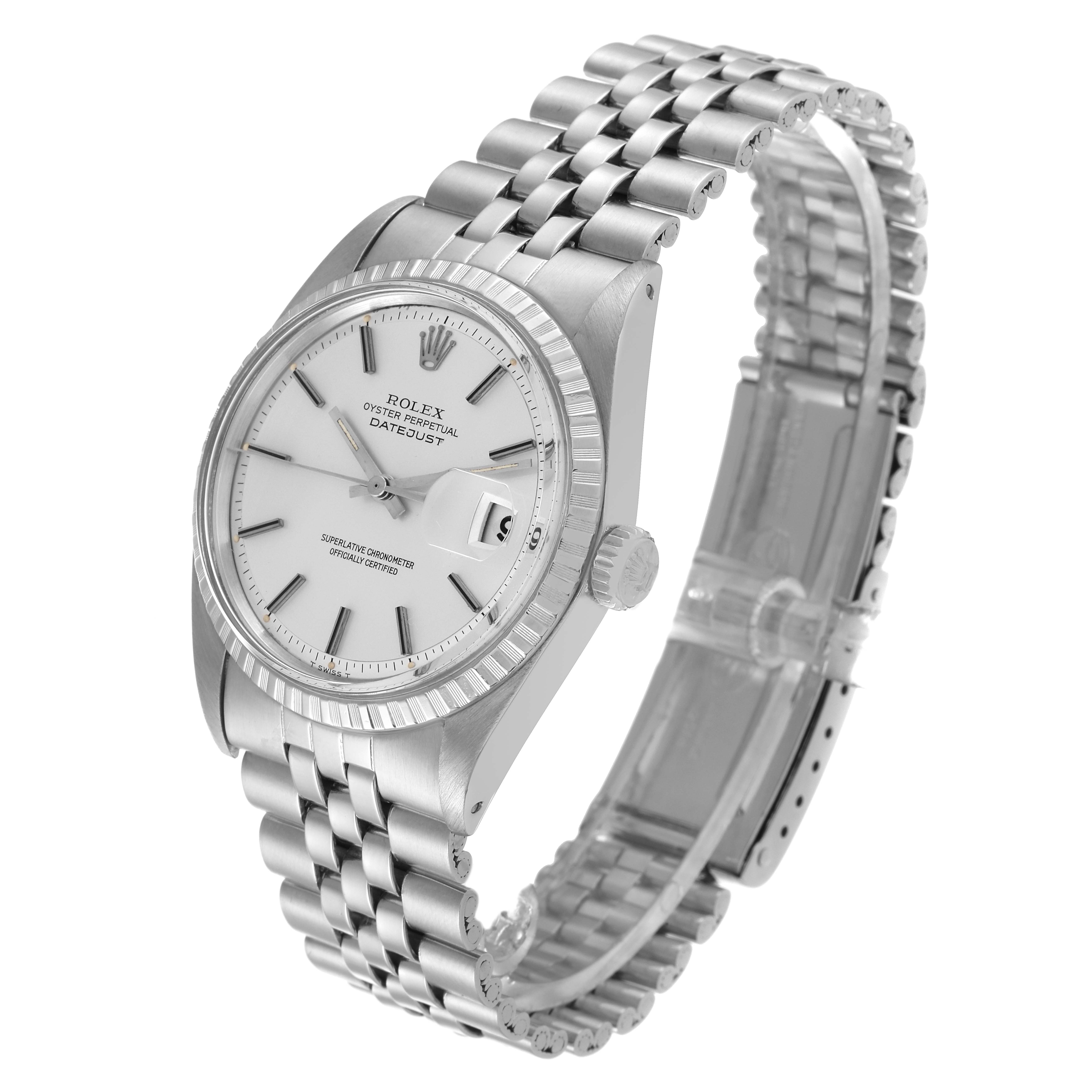 This image shows a Rolex Datejust 1603 Men's Stainless Steel Silver Dial 1603 Men's Stainless Steel Silver Dial watch at a three-quarter angle, highlighting the face, bezel, crown, and bracelet.